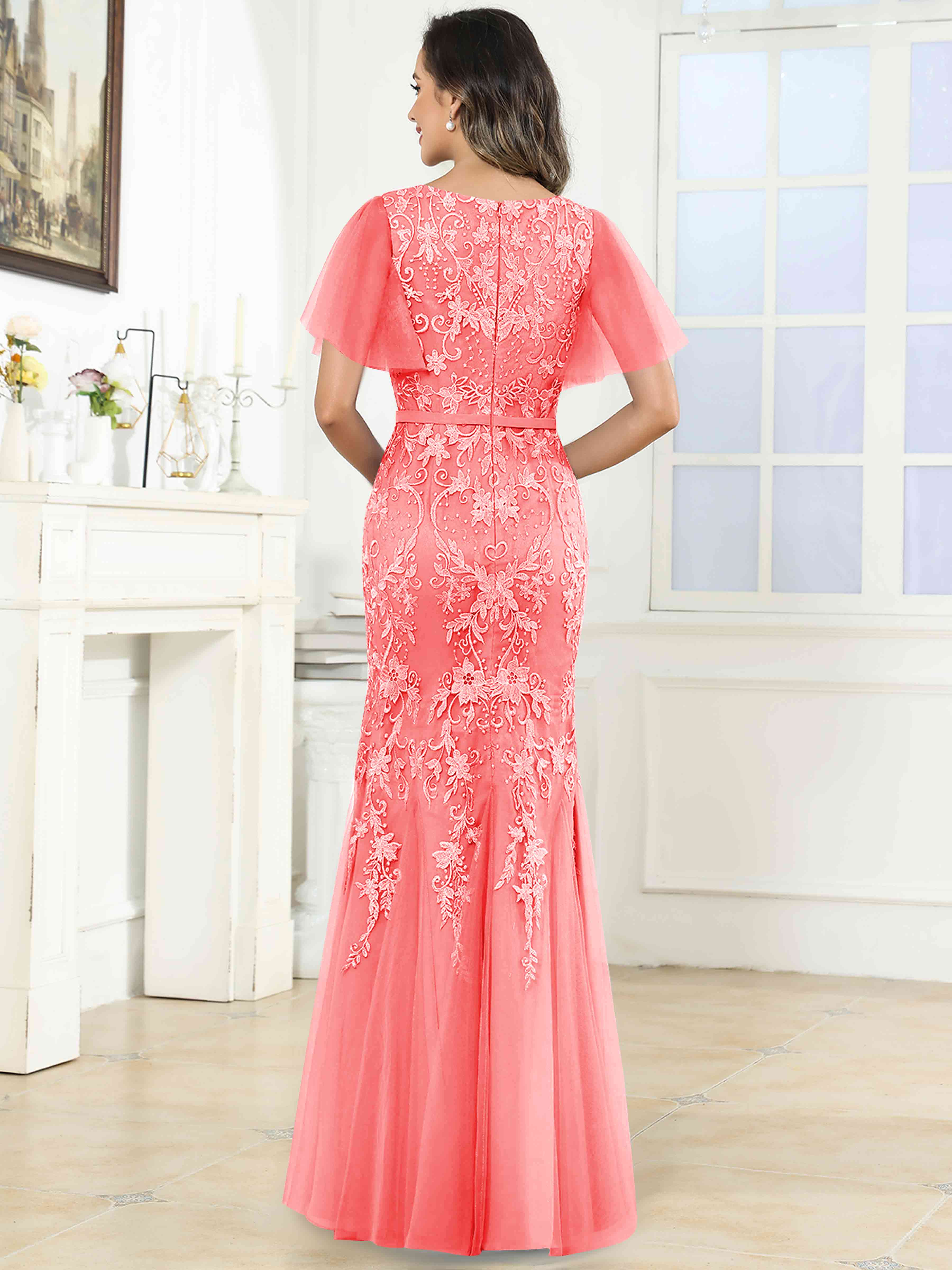 ROVDESY Elegant V-Neck Lace Mermaid Long Mother Of The Bride Dress Formal Gown With Sleeves