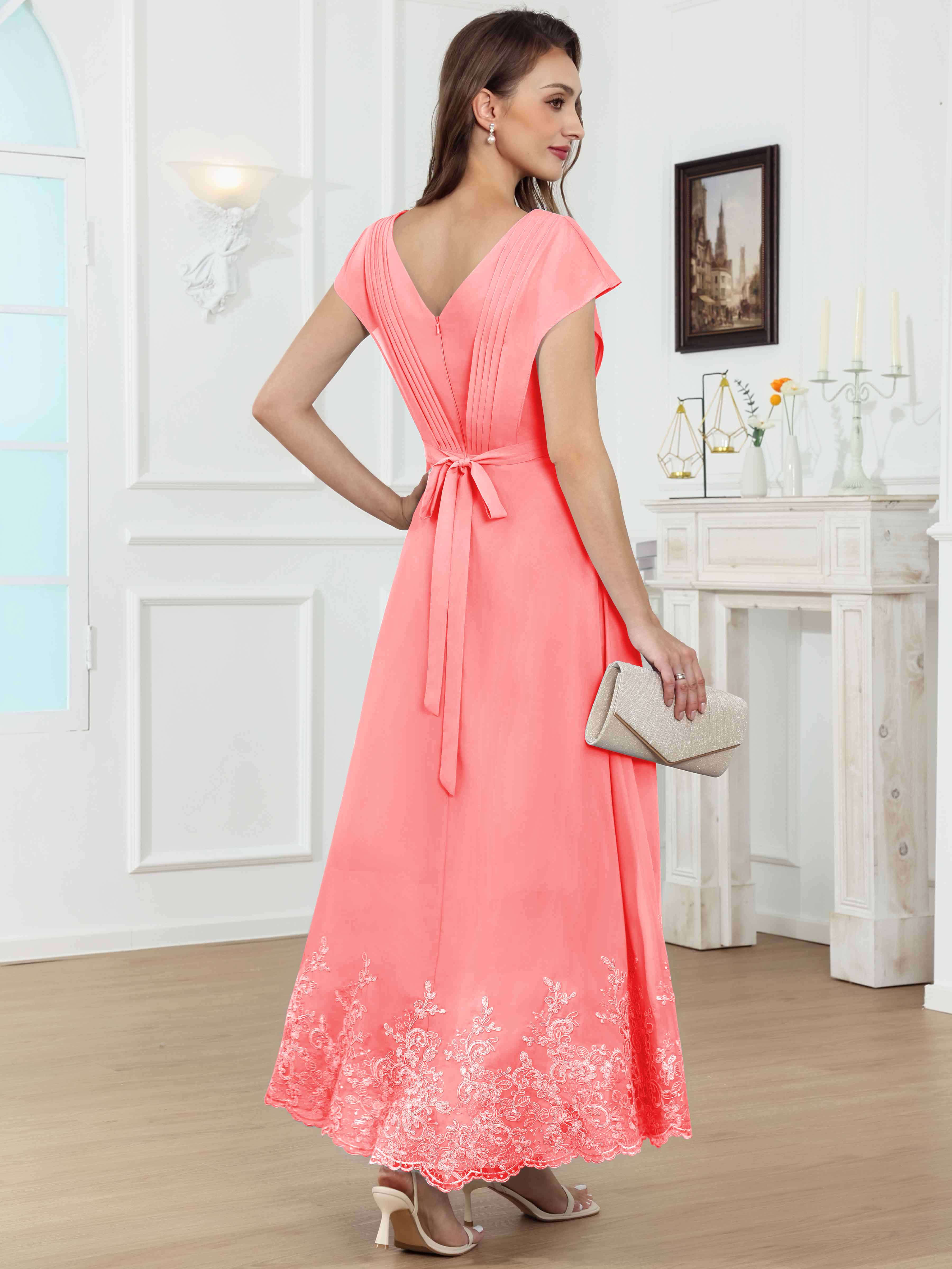 ROVDESY Tea Length High-Low V-Neck Ruched Lace Chiffon Mother of The Bride Dress for Women