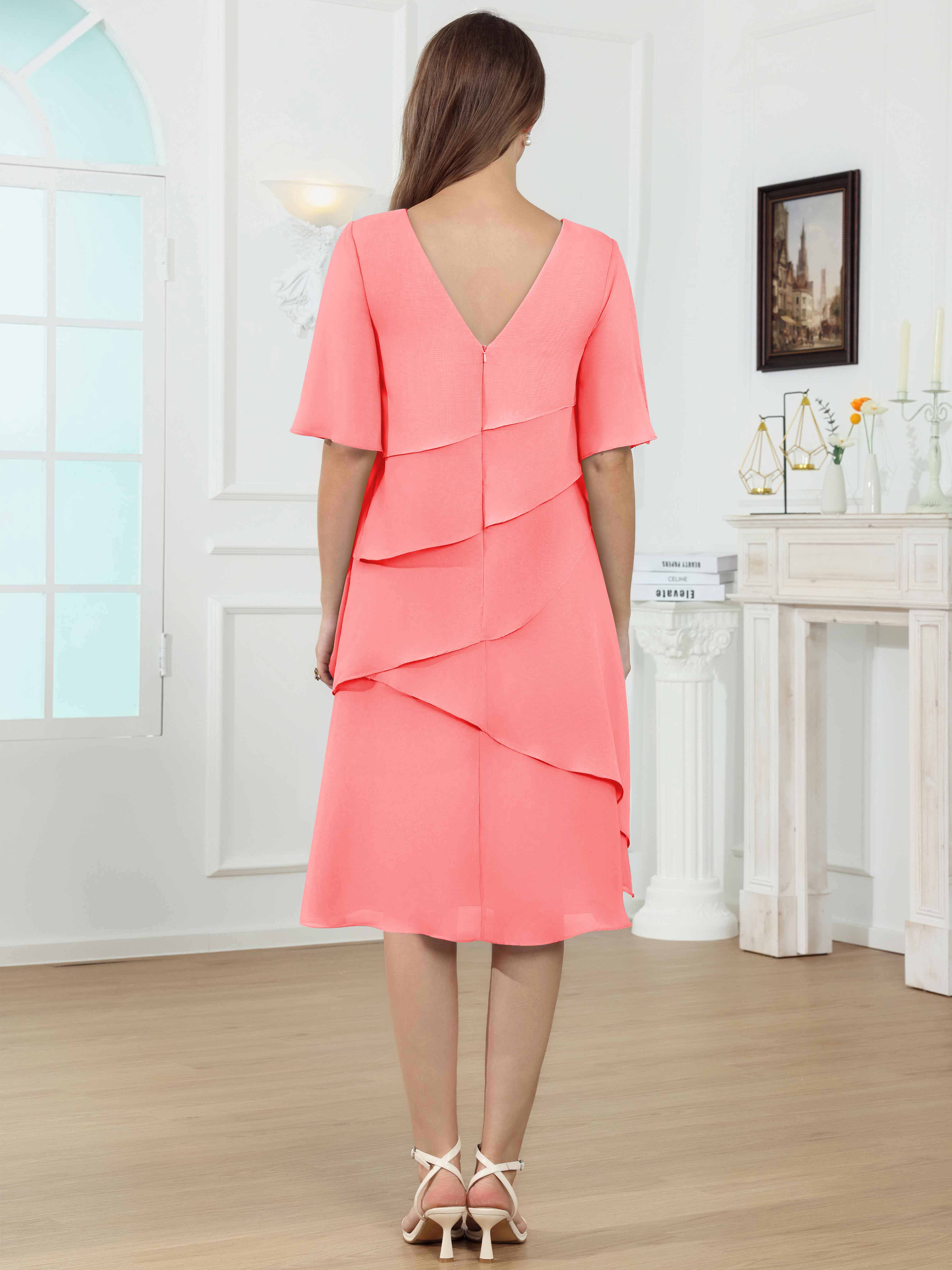 ROVDESY Knee Length Tiered Ruffle Chiffon Mother Of The Bride Dress With Half Sleeves