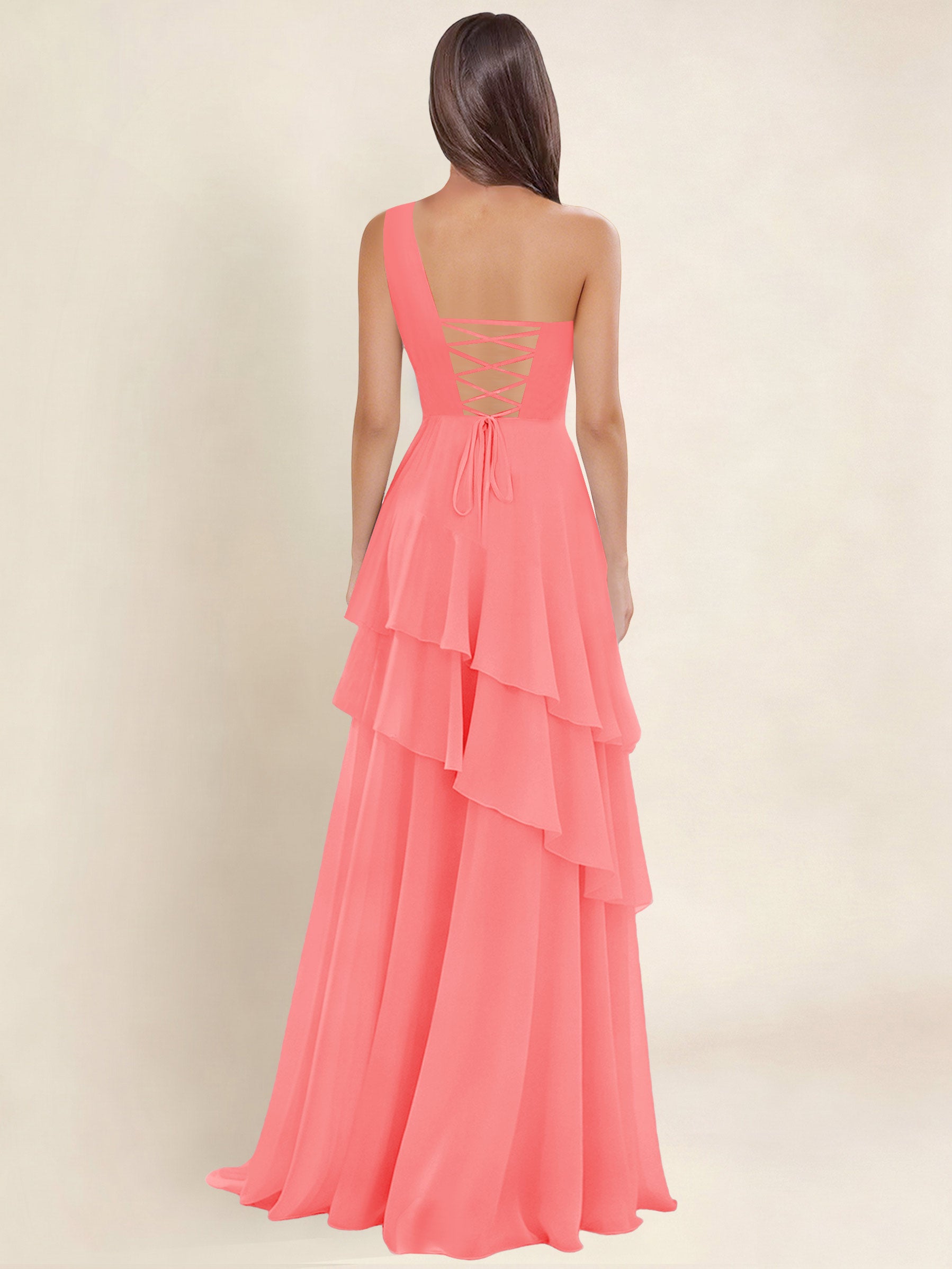 ROVDESY A-Line One Shoulder Pleated Tiered Chiffon Bridesmaid Dress