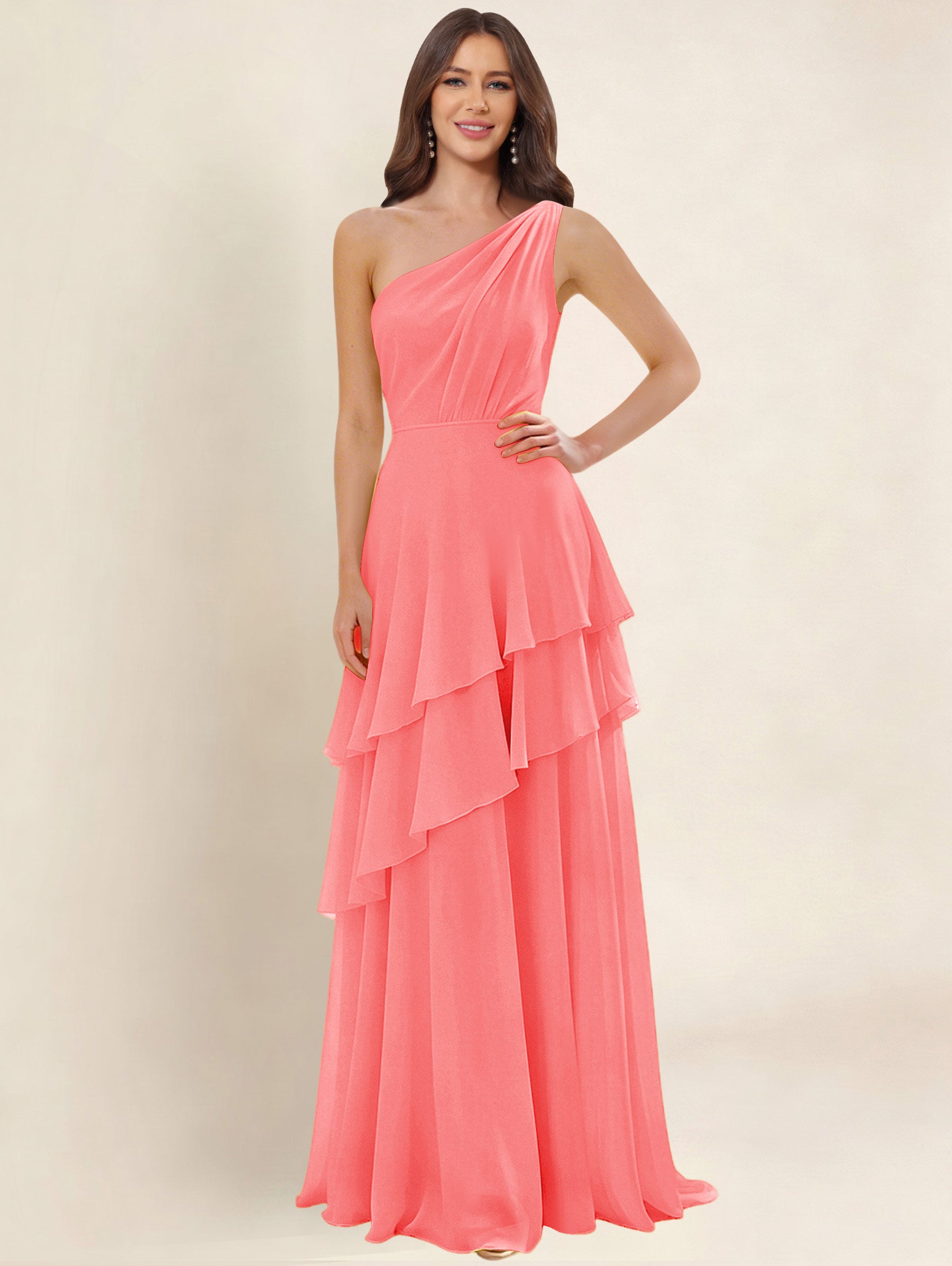 ROVDESY A-Line One Shoulder Pleated Tiered Chiffon Bridesmaid Dress