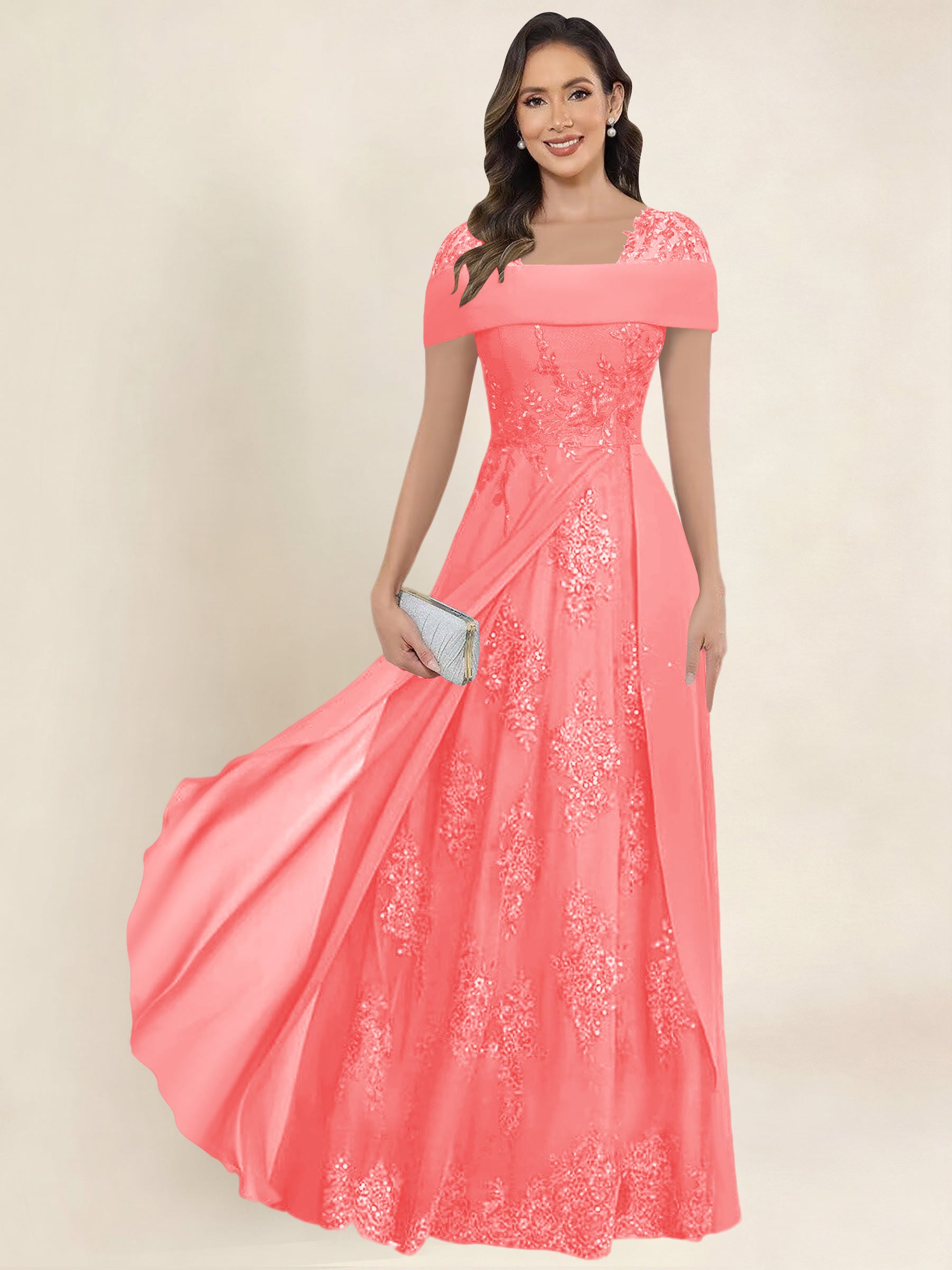 ROVDESY A-Line Off The Shoulder Lace Chiffon Long Mother of the Bride Dress Formal Gown