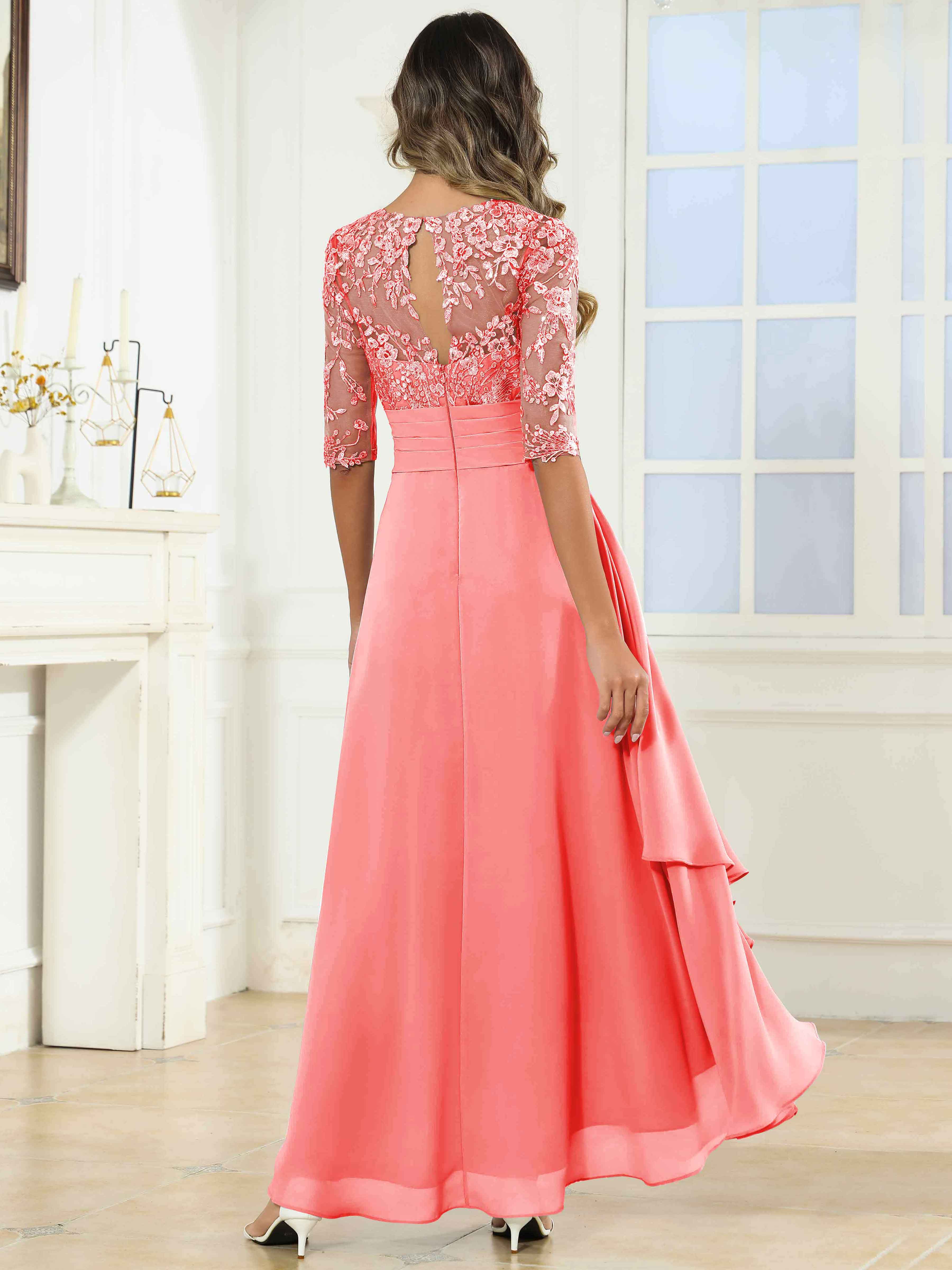 ROVDESY Tea Length A-Line Lace Chiffon Mother Of The Bride Dress With Half Sleeves