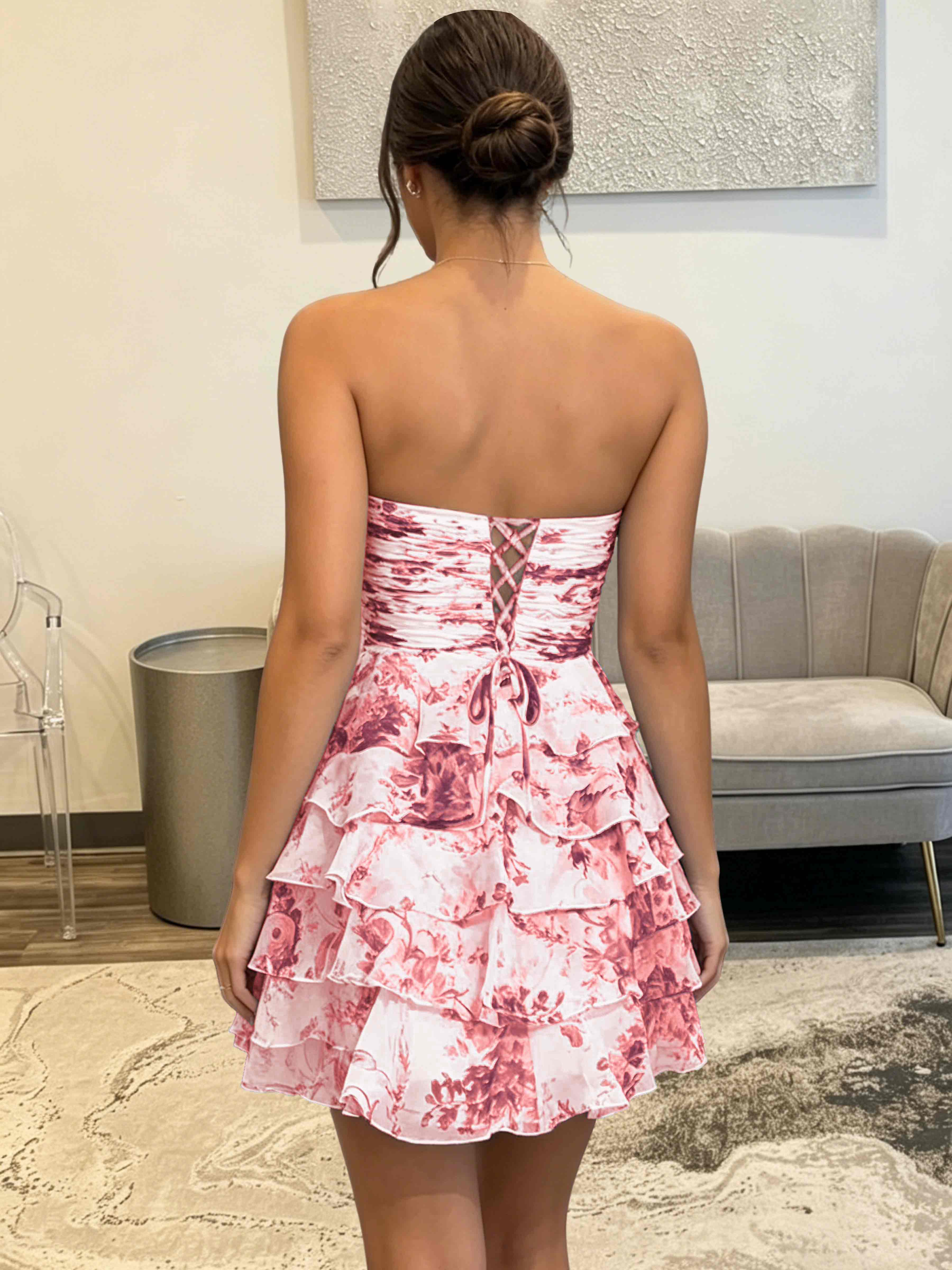 ROVDESY Strapless Tiered Ruffle Floral Print Chiffon Homecoming Mini Dress