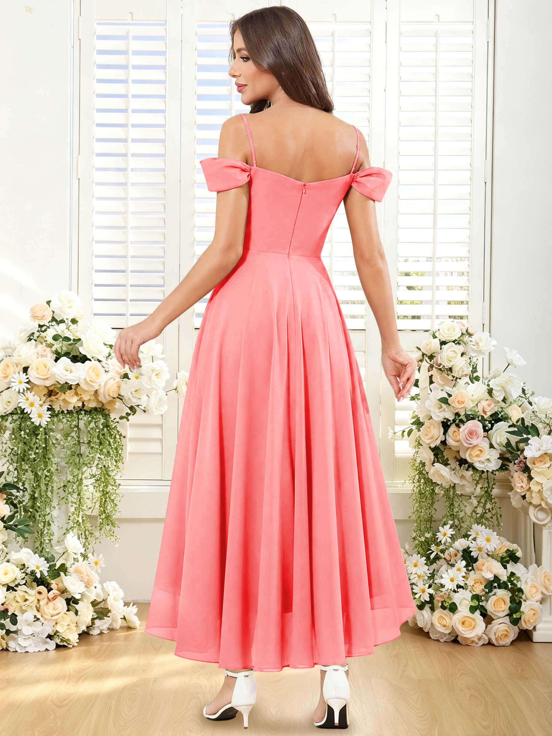ROVDESY ROVDESY Short Cold Shoulder Sweetheart High Low Pleated Chiffon Bridesmaid Dress
