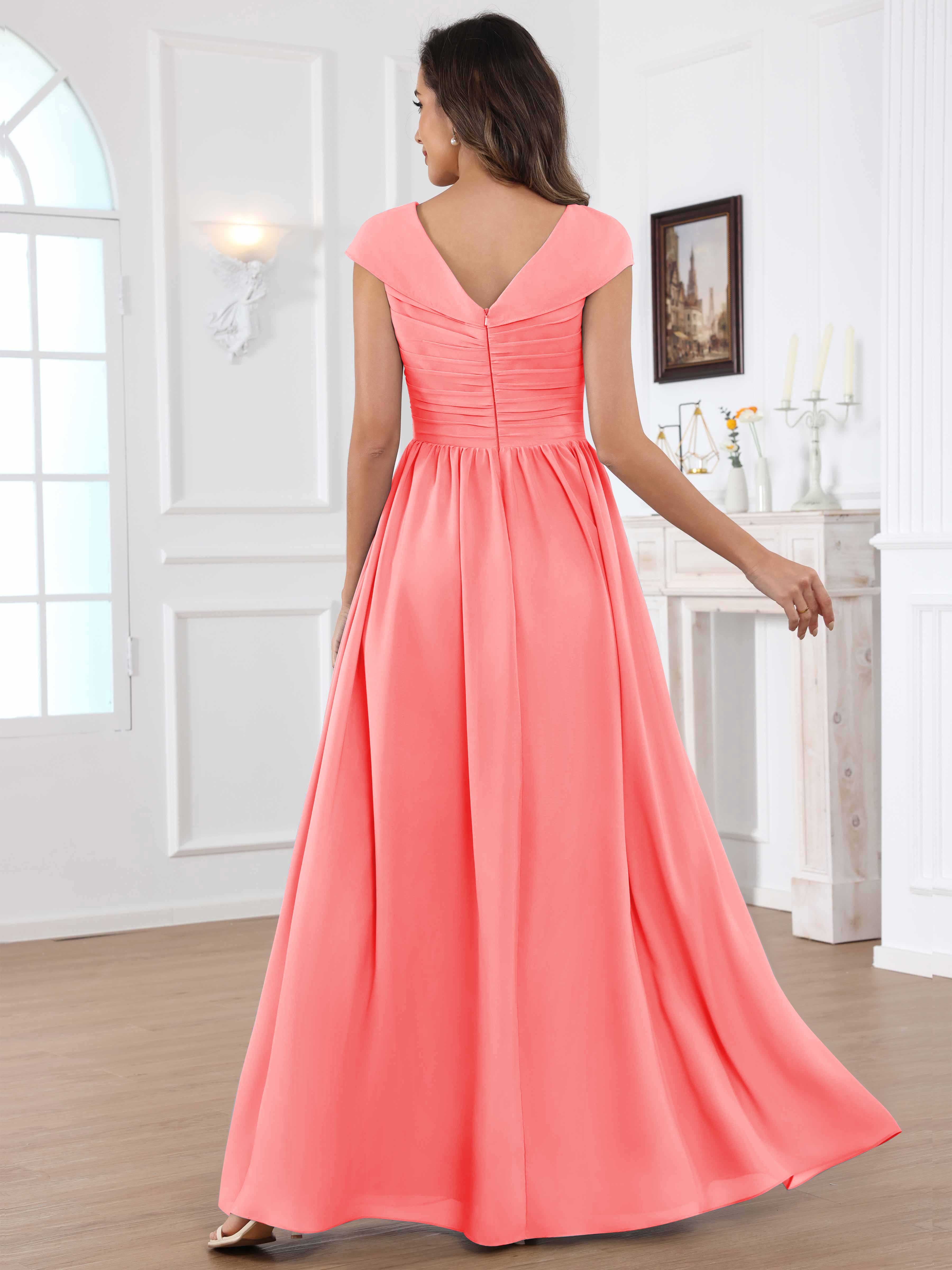 ROVDESY A-Line Cap Sleeves Pleated Chiffon Mother Of The Bride Dress