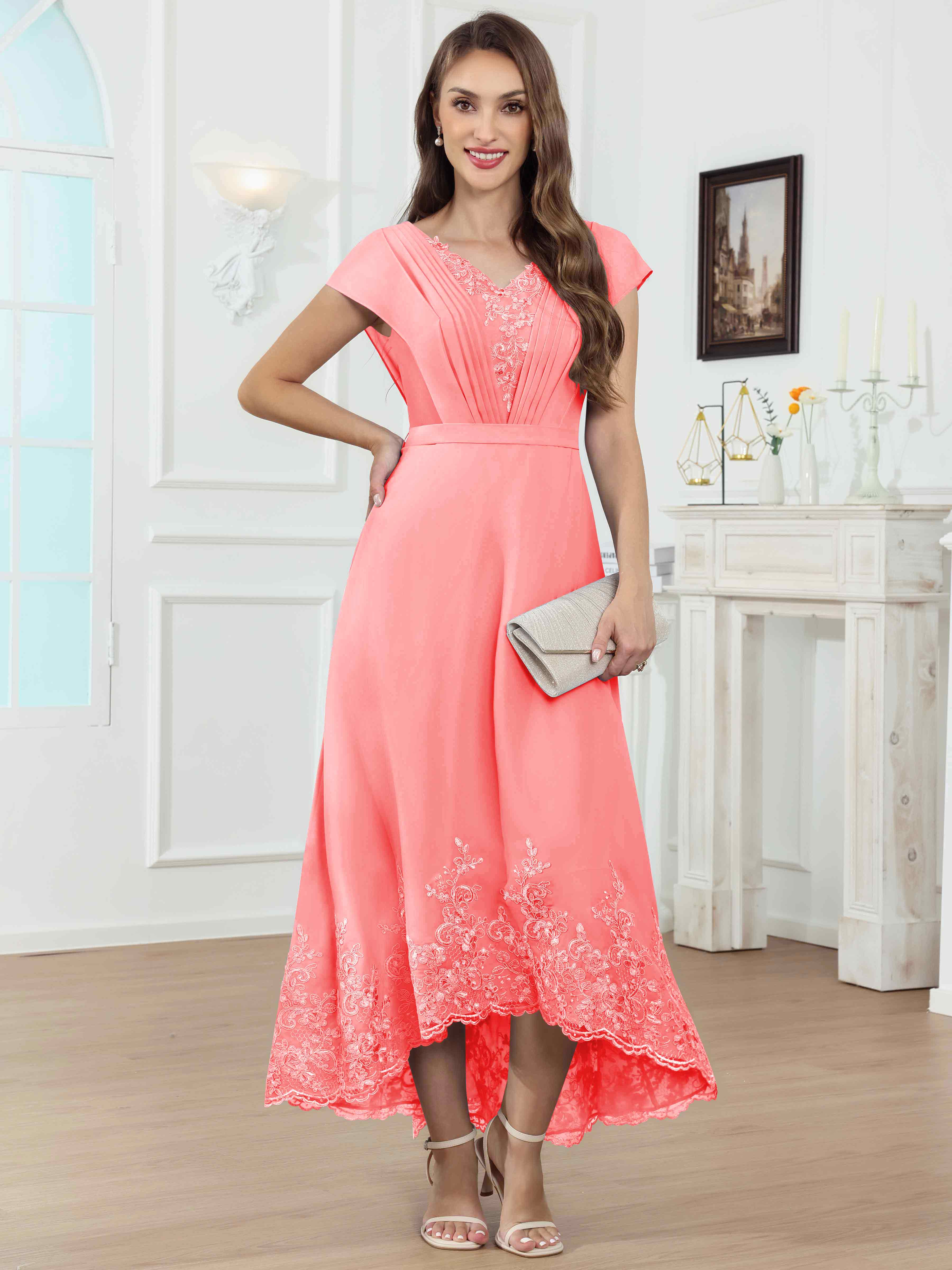 ROVDESY Tea Length High-Low V-Neck Ruched Lace Chiffon Mother of The Bride Dress for Women