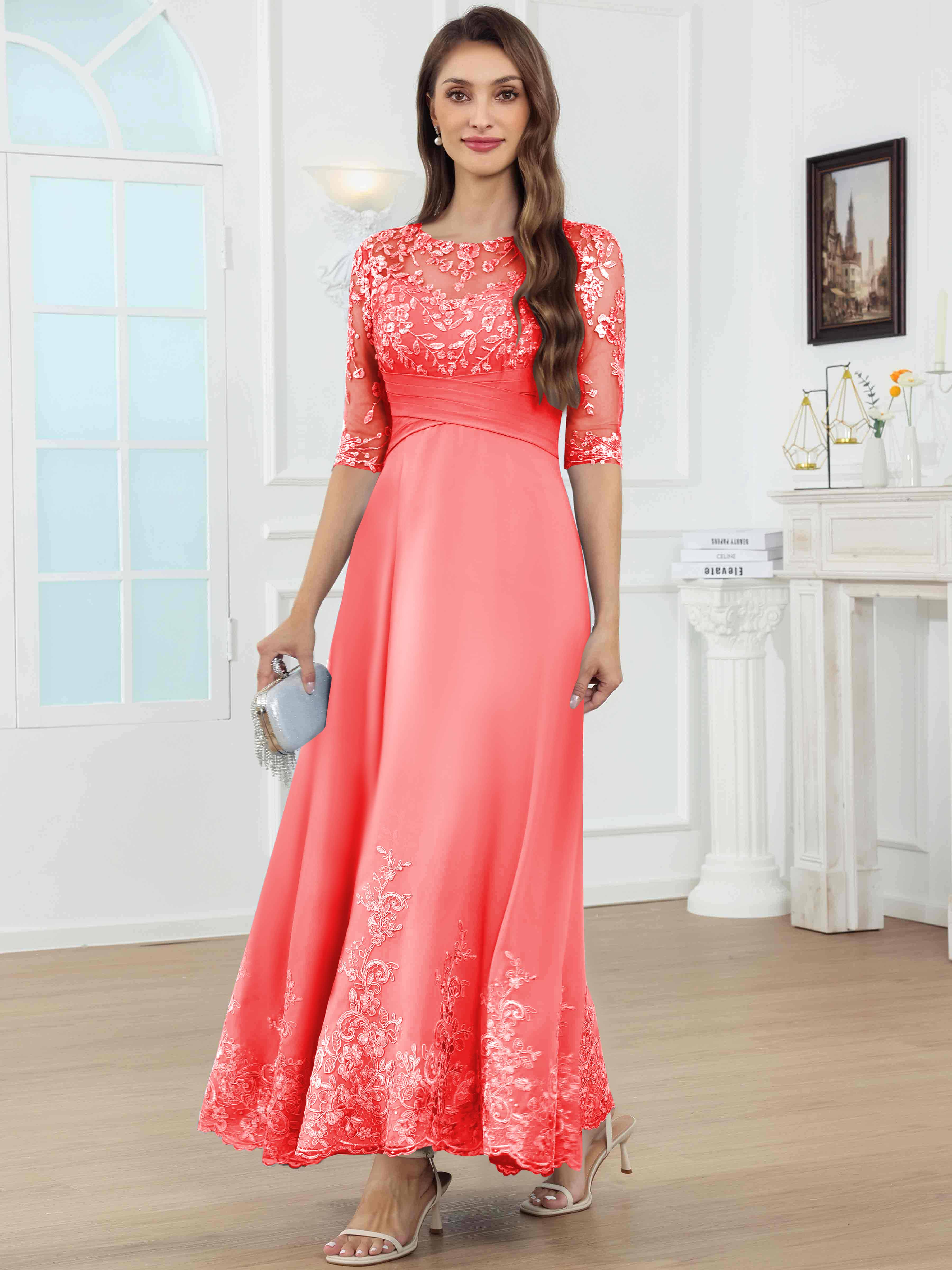 ROVDESY A-Line Lace Sequin Pleated Chiffon Mother Of The Bride Dress With Half Sleeves