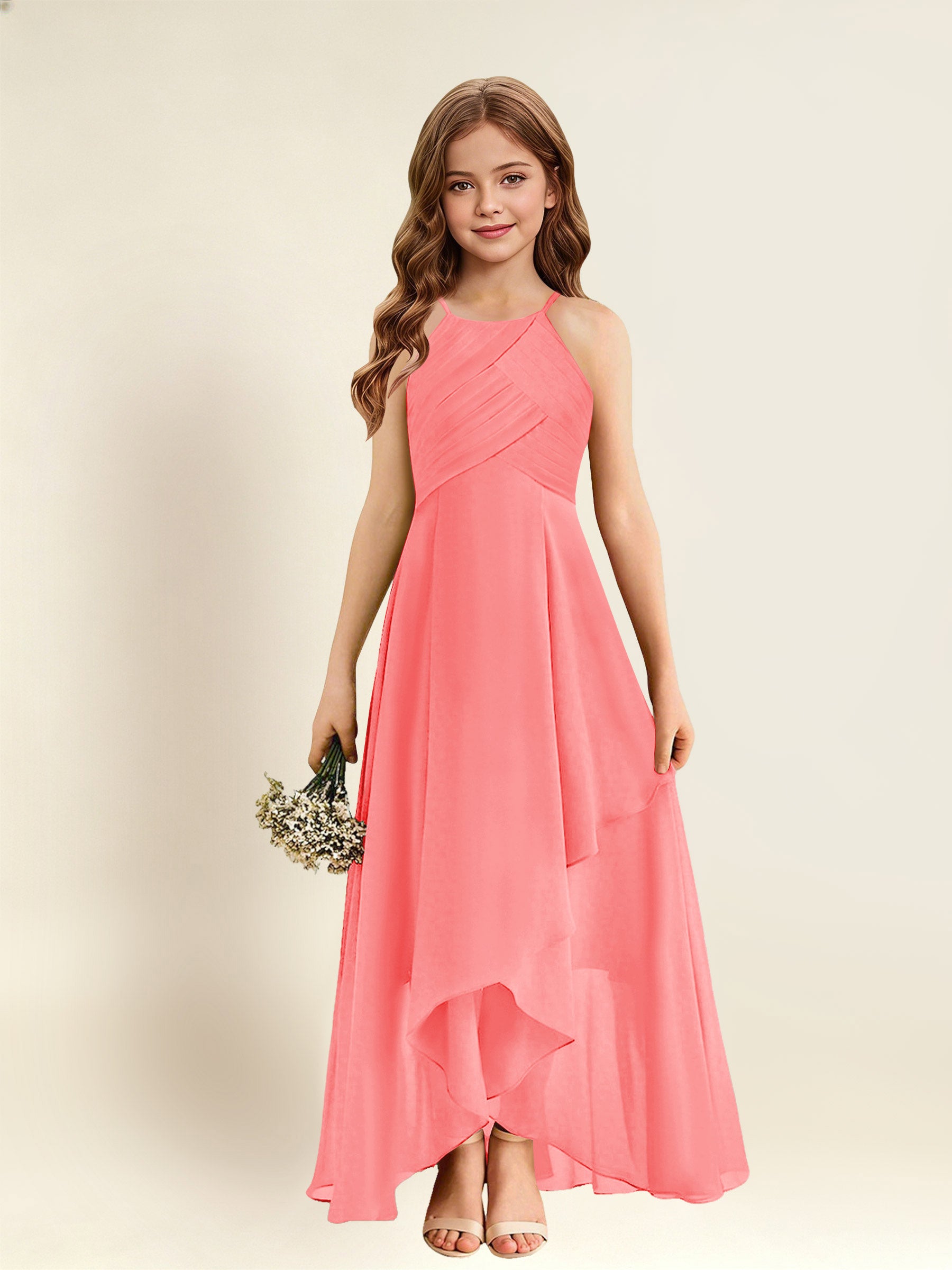 ROVDESY A-Line Halter Pleated Chiffon Junior Bridesmaid Dress