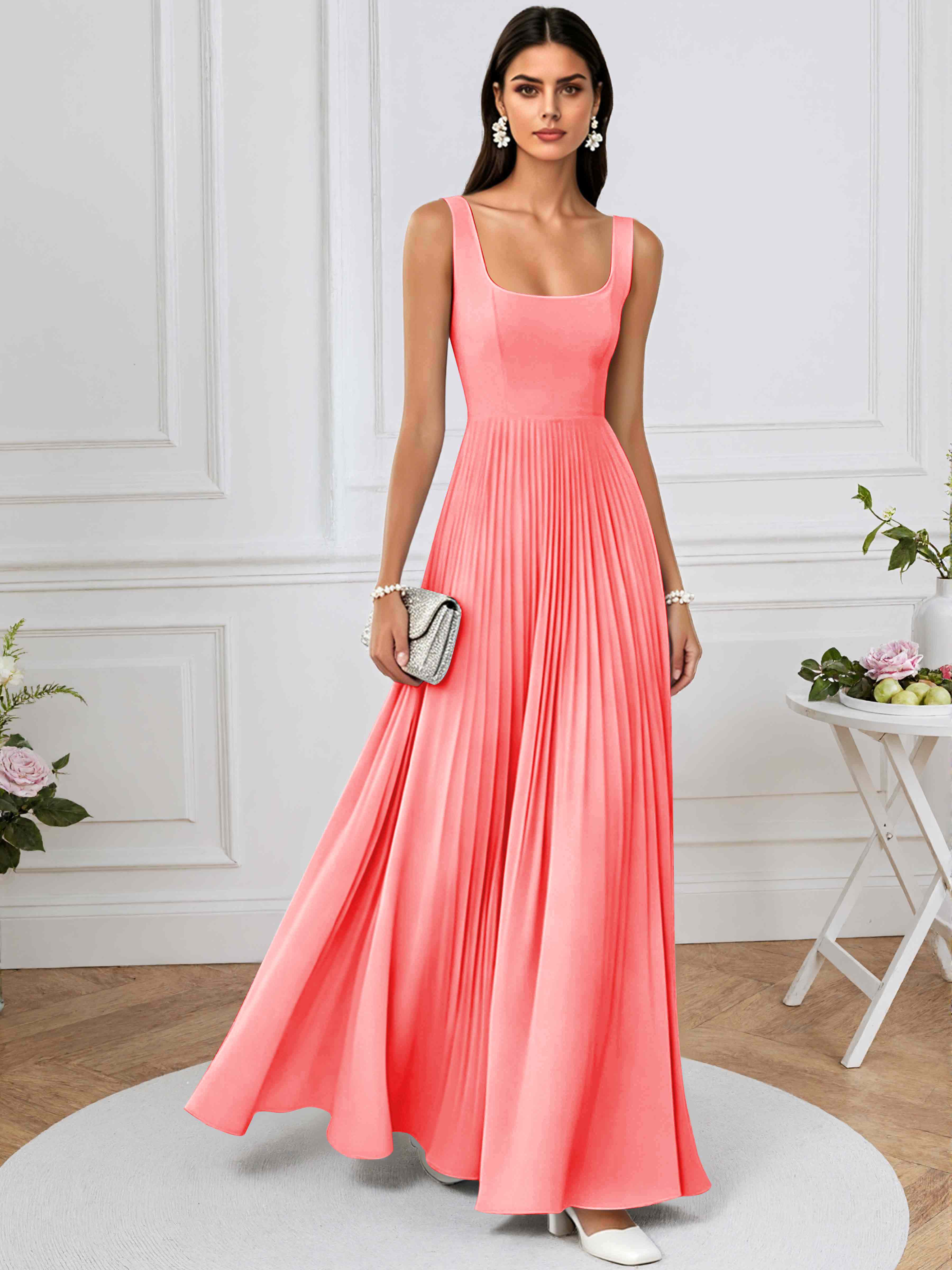 ROVDESY A-Line Square Neck Pleated Chiffon Long Bridesmaid/Prom Dress