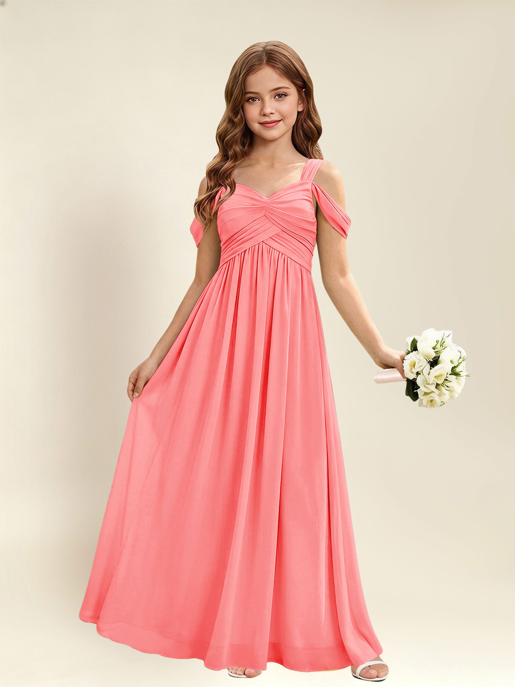 ROVDESY A-Line Off The Shoulder Pleated Chiffon Junior Bridesmaid Dress