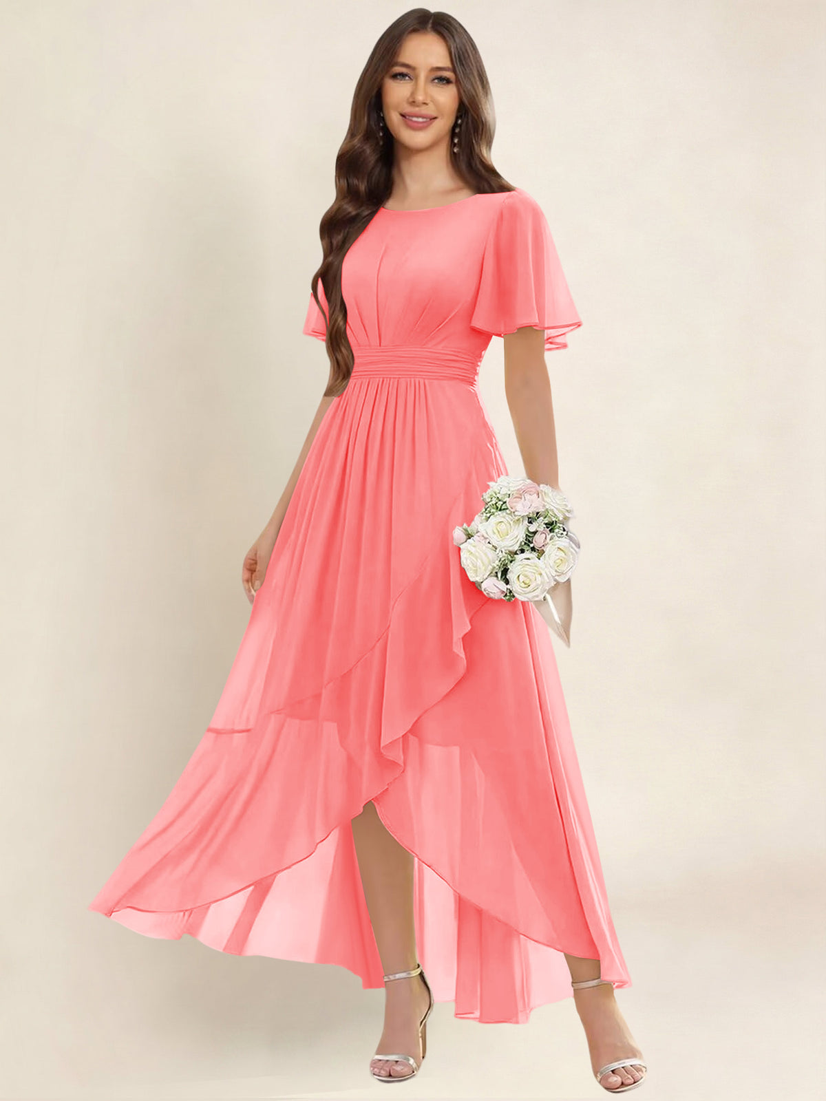 ROVDESY A-Line High Low Round Neck Pleated Ruffle Chiffon Bridesmaid Dress With Short Sleeves