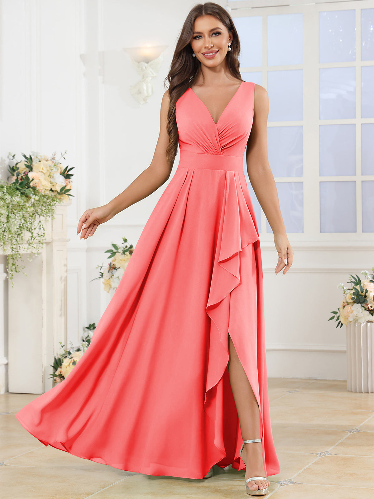 V Neck Chiffon A Line Ruffle Bridesmaid Dress with Slit