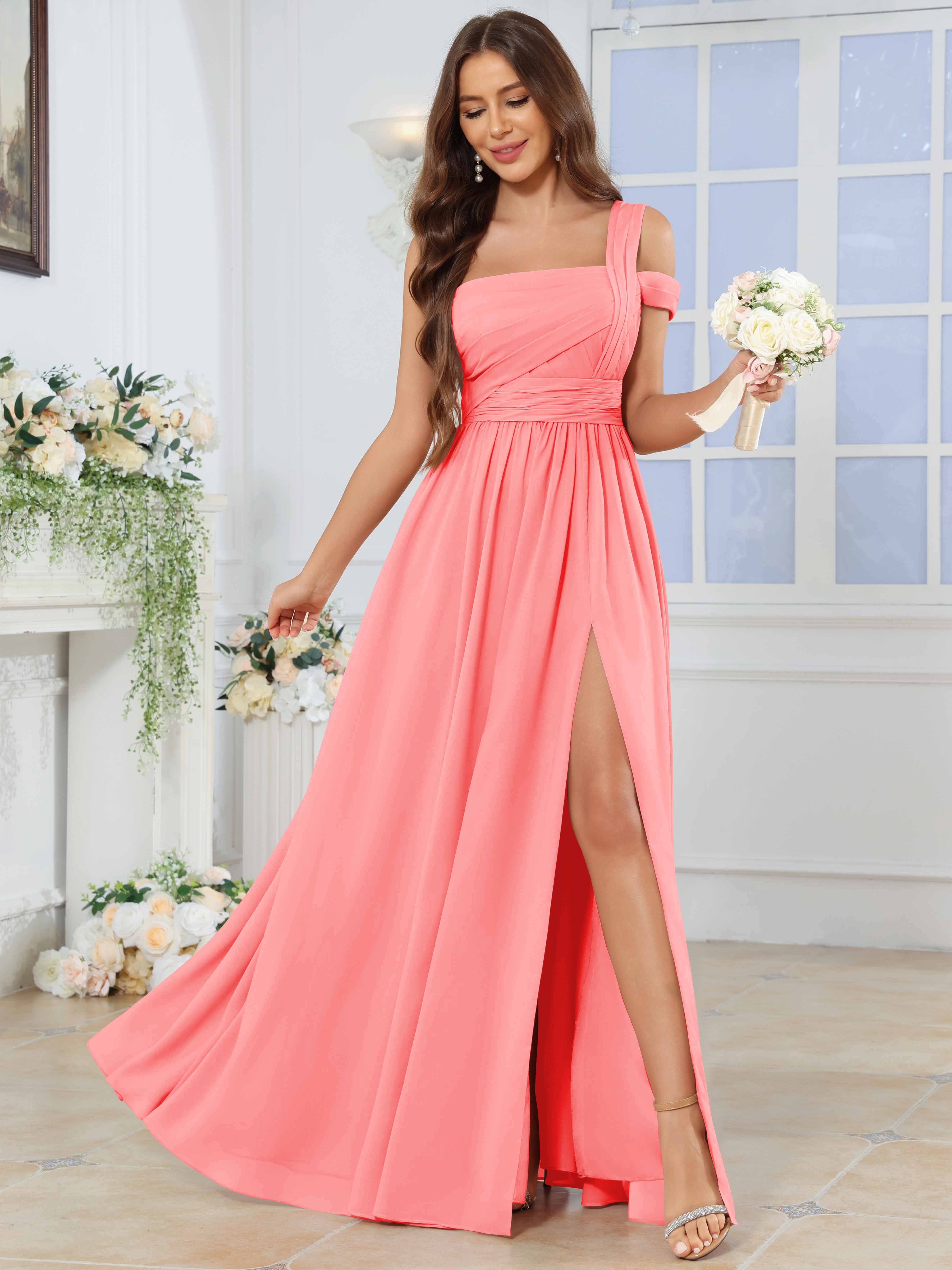 ROVDESY One Shoulder Pleated Chiffon Bridesmaid Dress With Slit
