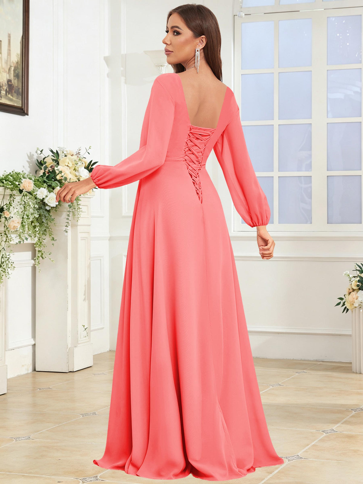 V Neck Chiffon Long Sleeve Bridesmaid Dresses with Slit