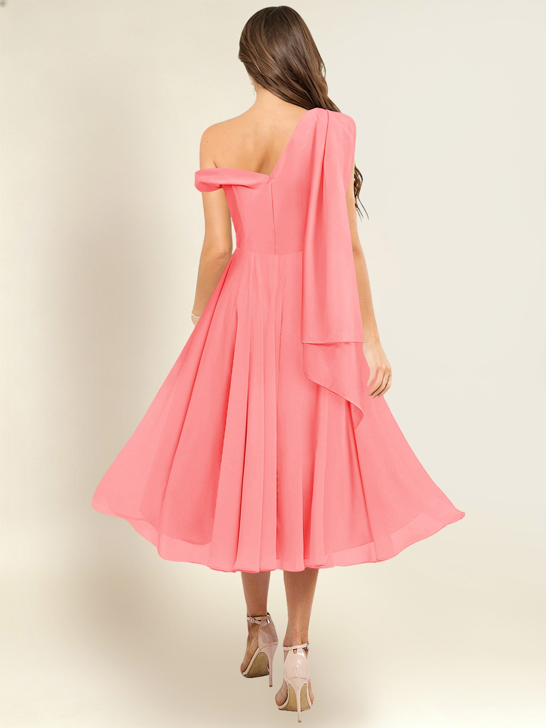 ROVDESY A-Line One Shoulder Pleated Chiffon Bridesmaid Dress With Flowing Sash