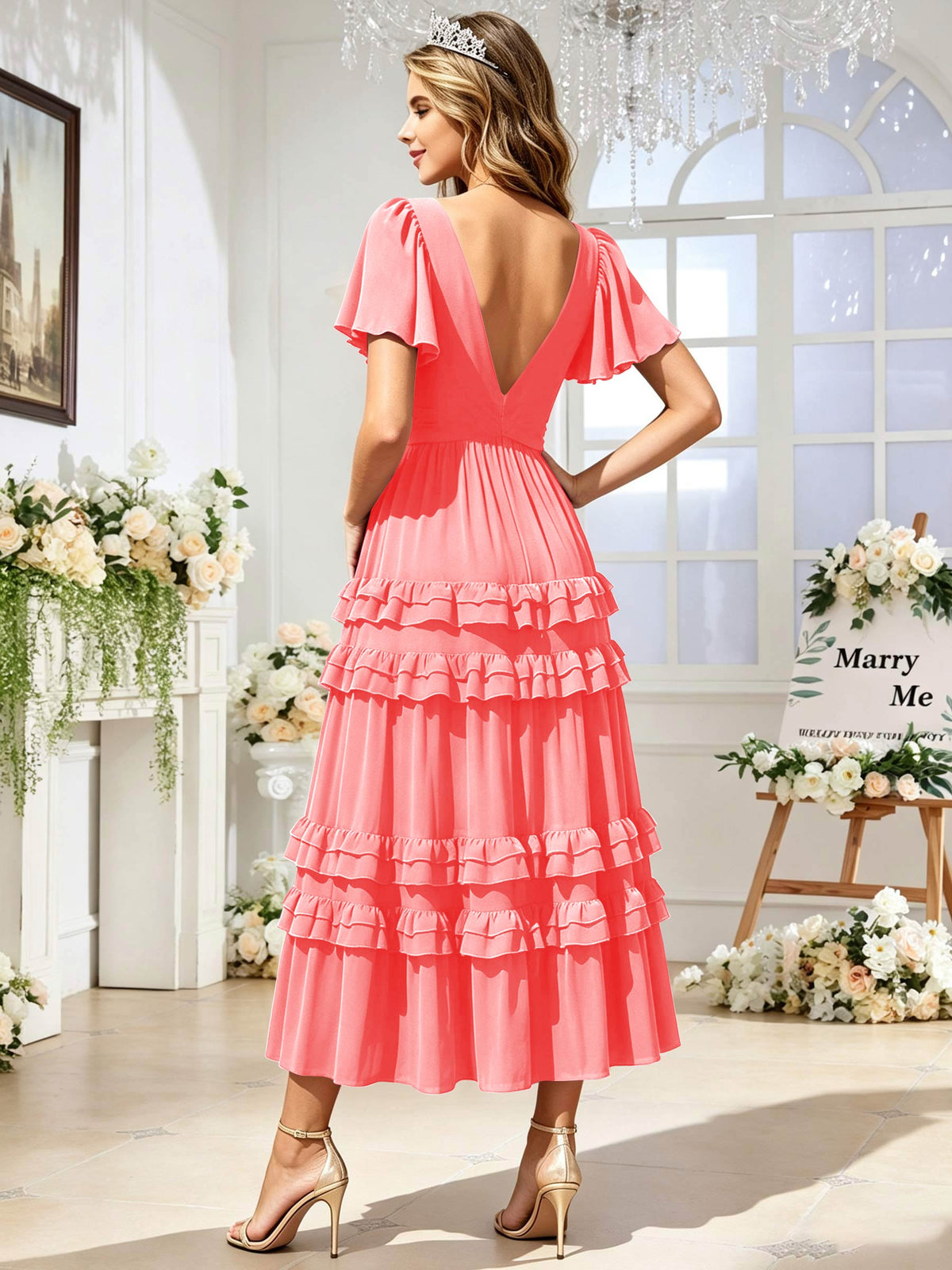 A Line Chiffon Pleated Bridesmaid Dress with Sleeves