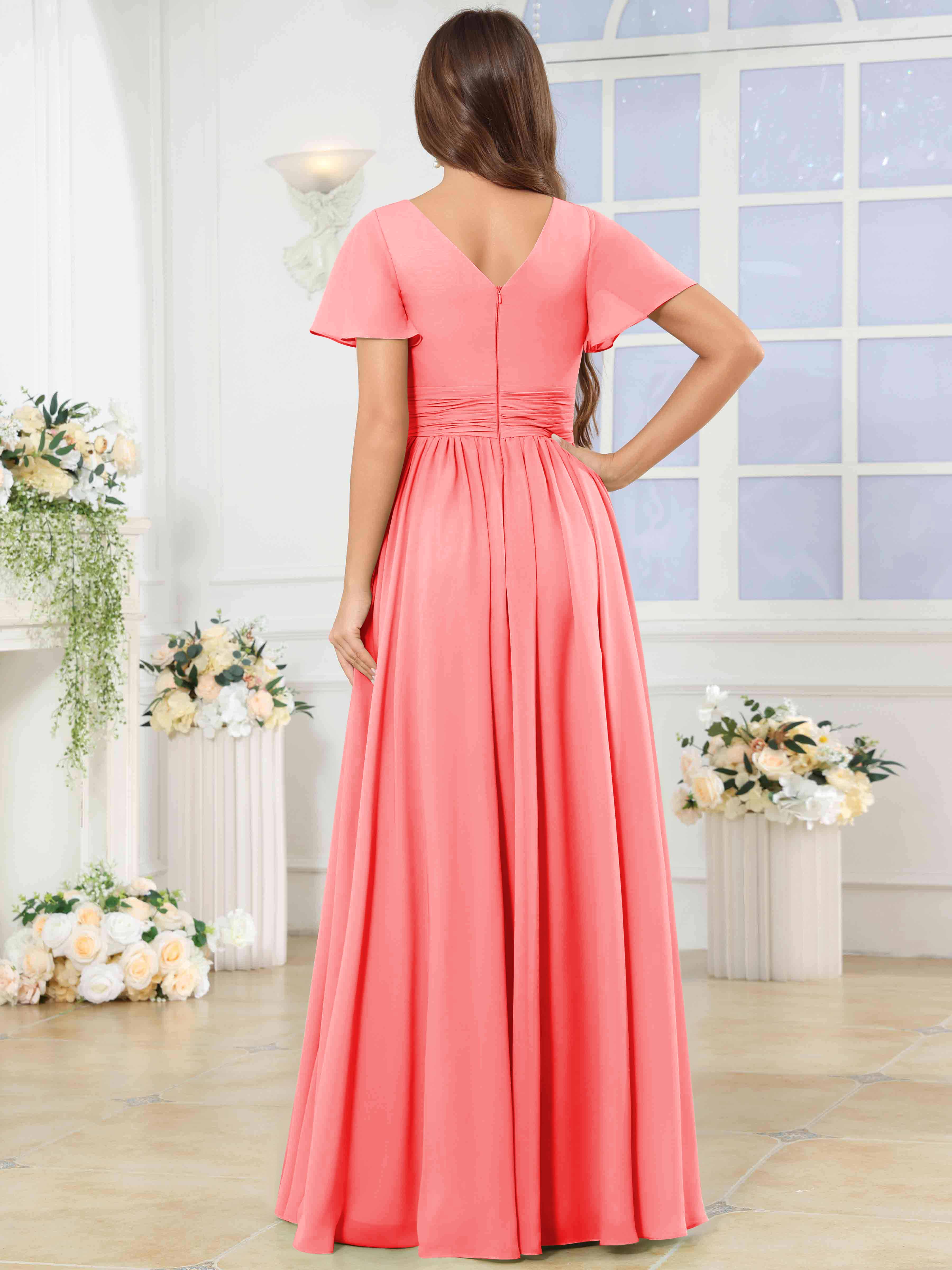 ROVDESY A-Line V-Neck Slit Pleated Ruffle Chiffon Bridesmaid Dress With Short Sleeves