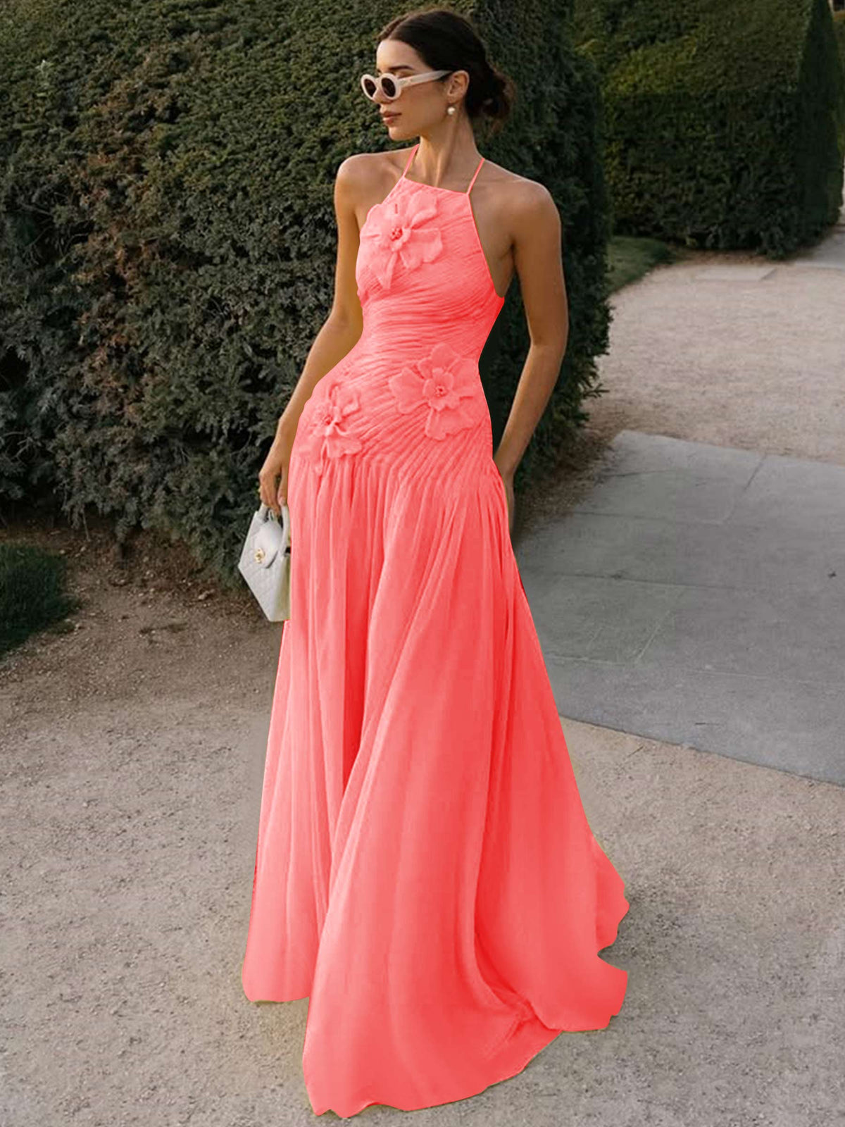 Halter Long Pleated Chiffon Prom Dress with 3D Flower