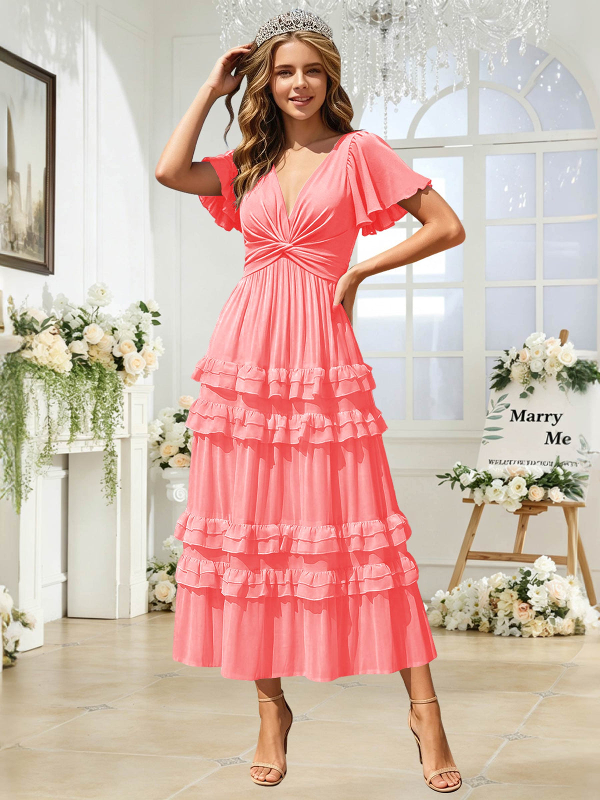 A Line Chiffon Pleated Bridesmaid Dress with Sleeves