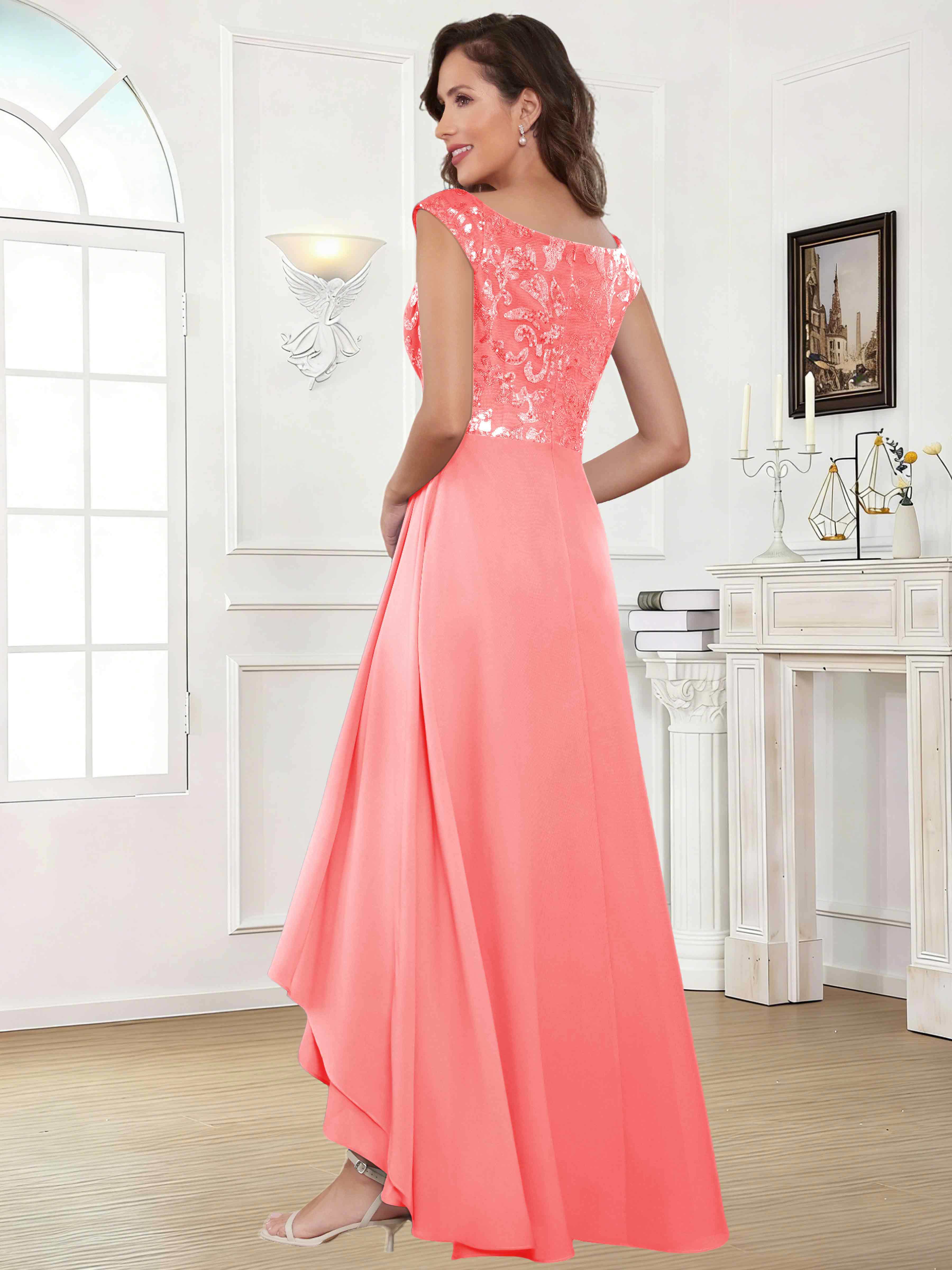 ROVDESY Tea Length Off-The-Shoulder Sequin Chiffon Mother Of The Bride Dress