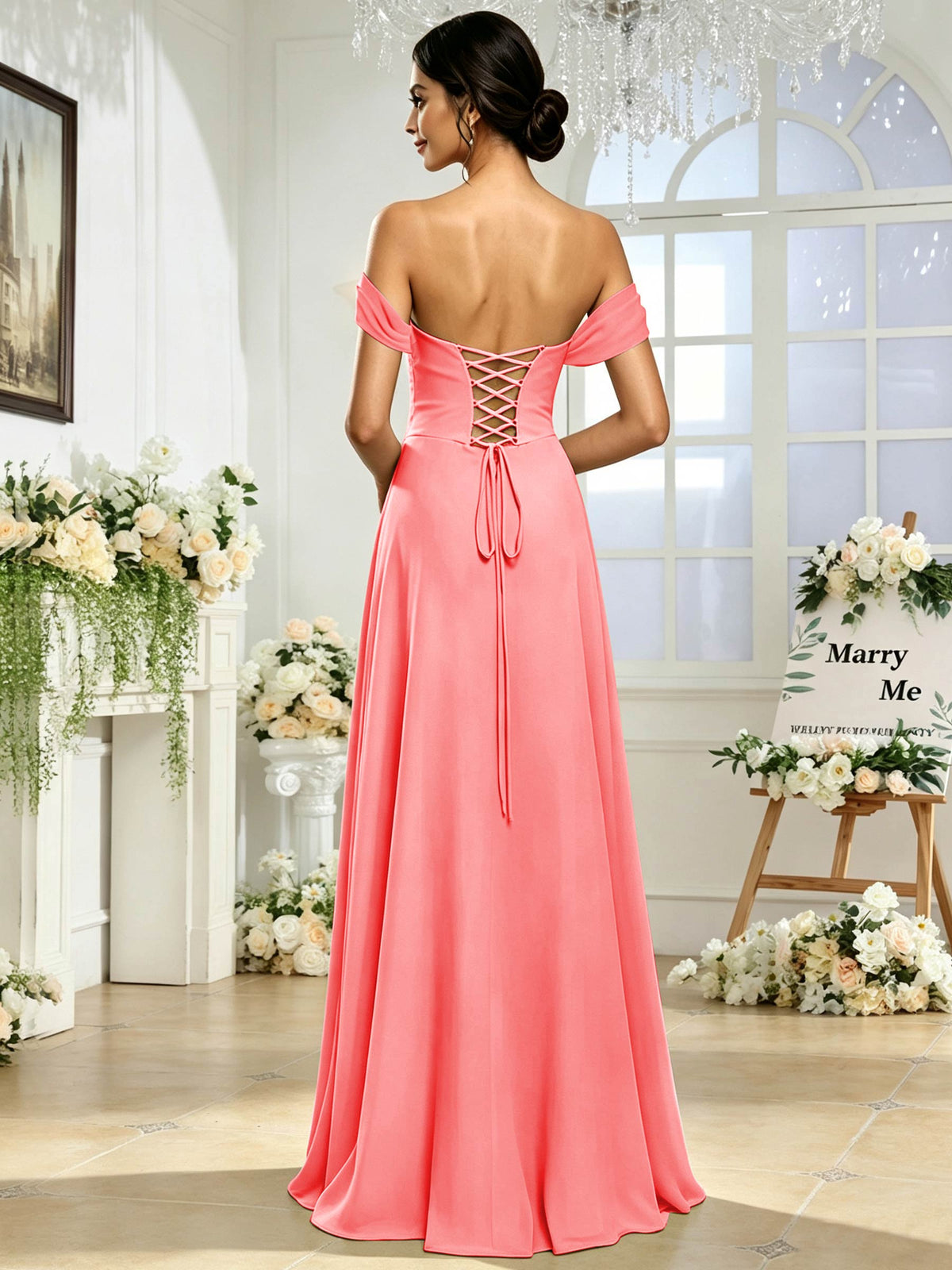Off the Shoulder Chiffon A Line Long Bridesmaid Dress with Slit