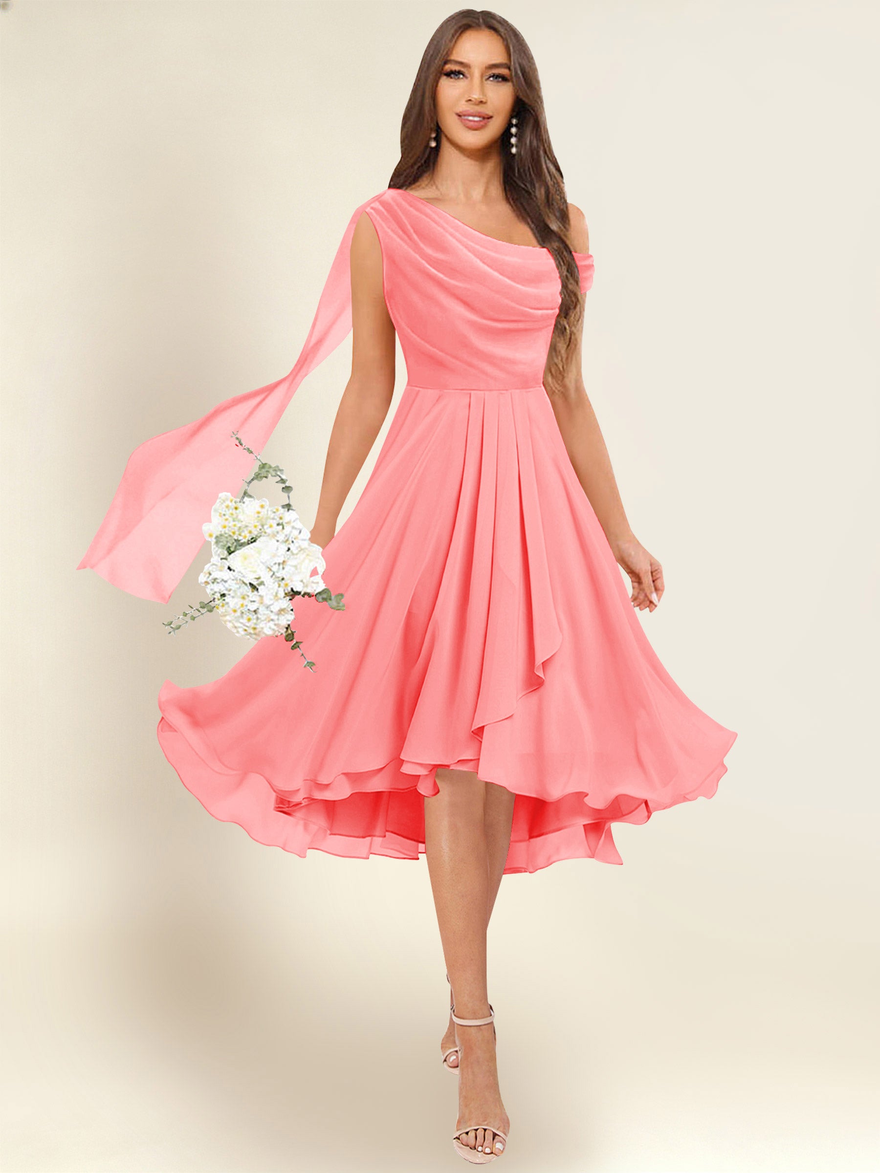 ROVDESY A-Line One Shoulder Pleated Chiffon Bridesmaid Dress With Flowing Sash
