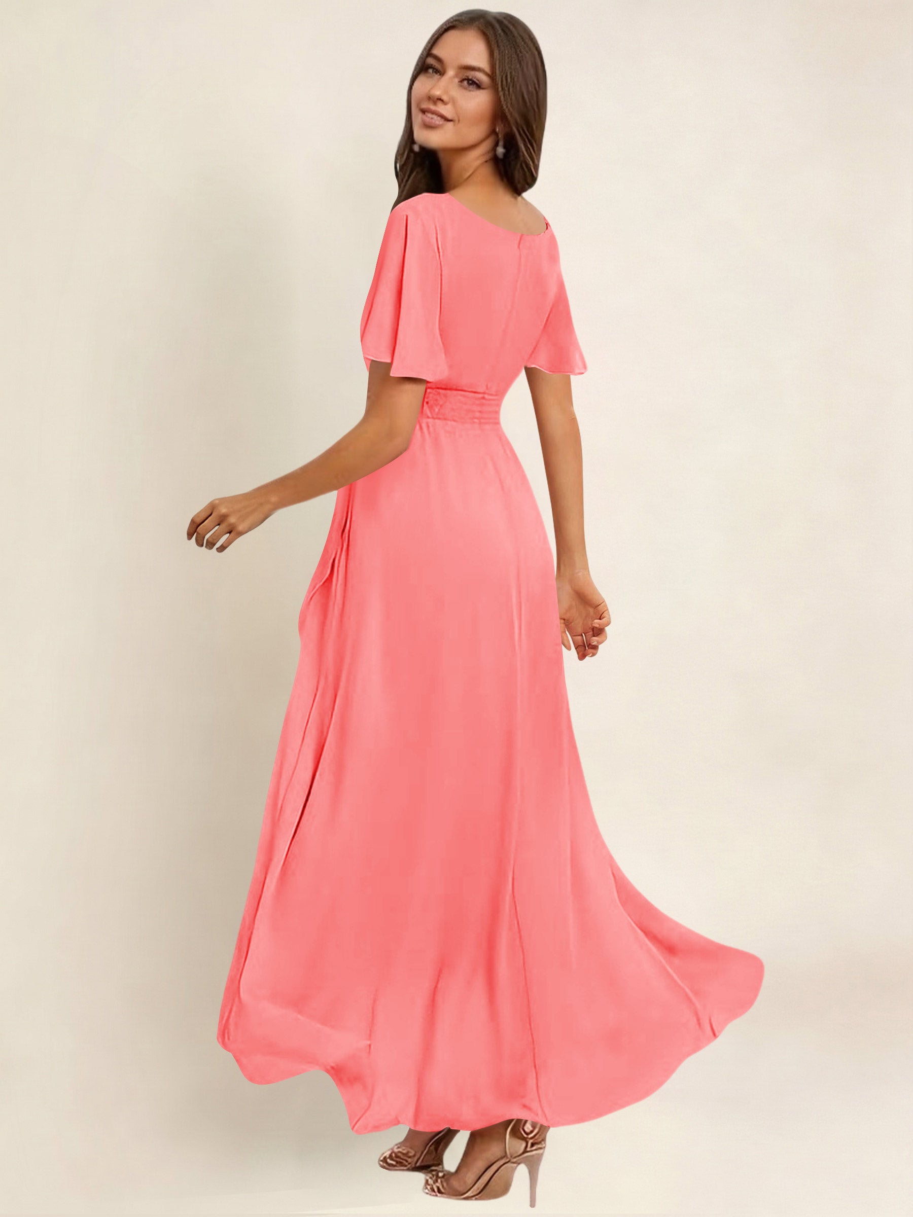 ROVDESY A-Line High Low Round Neck Pleated Ruffle Chiffon Bridesmaid Dress With Short Sleeves