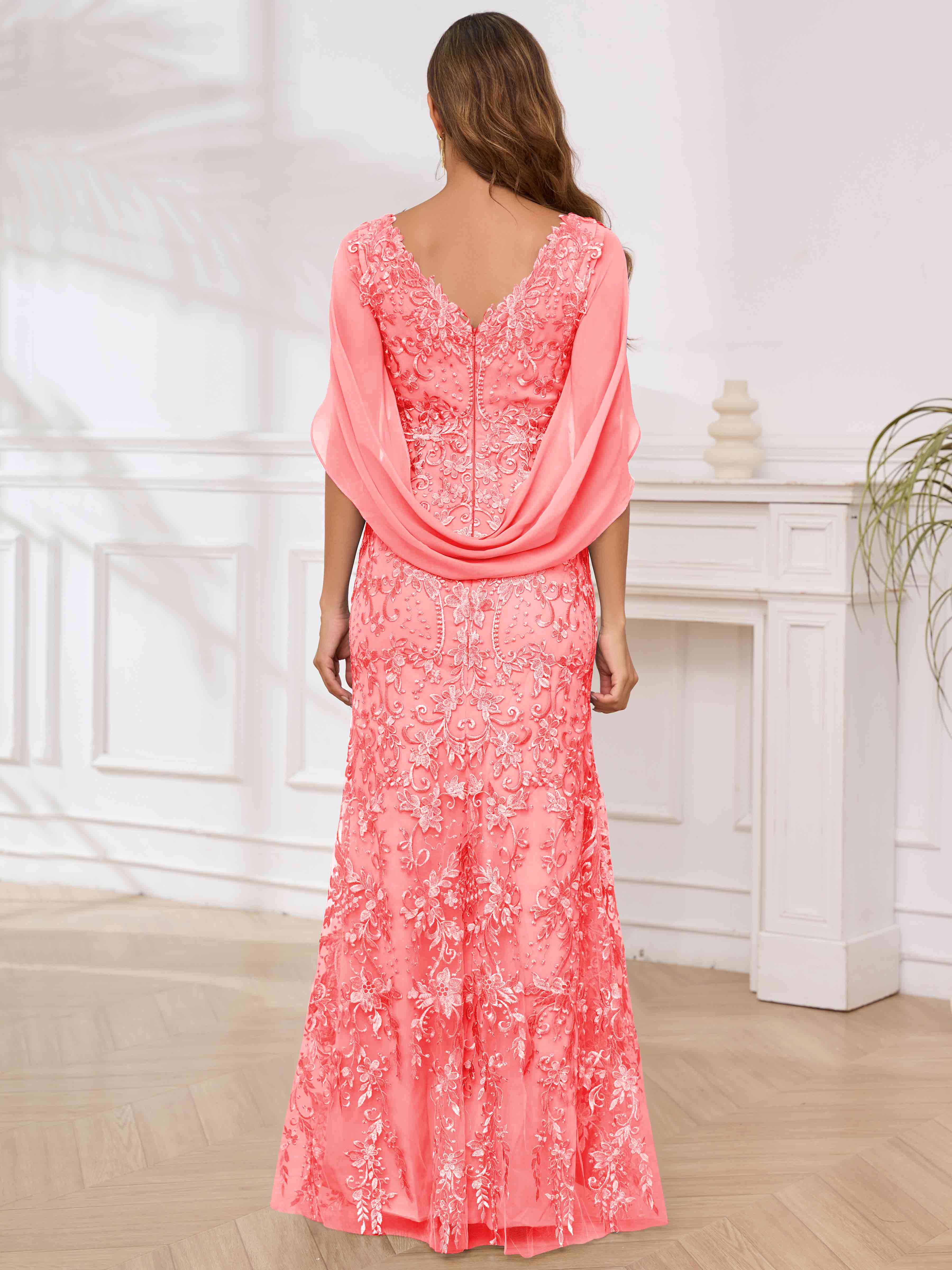 ROVDESY V-Neck Lace Mermaid Mother Of The Bride Dress With Cape Sleeves Long Formal Gown