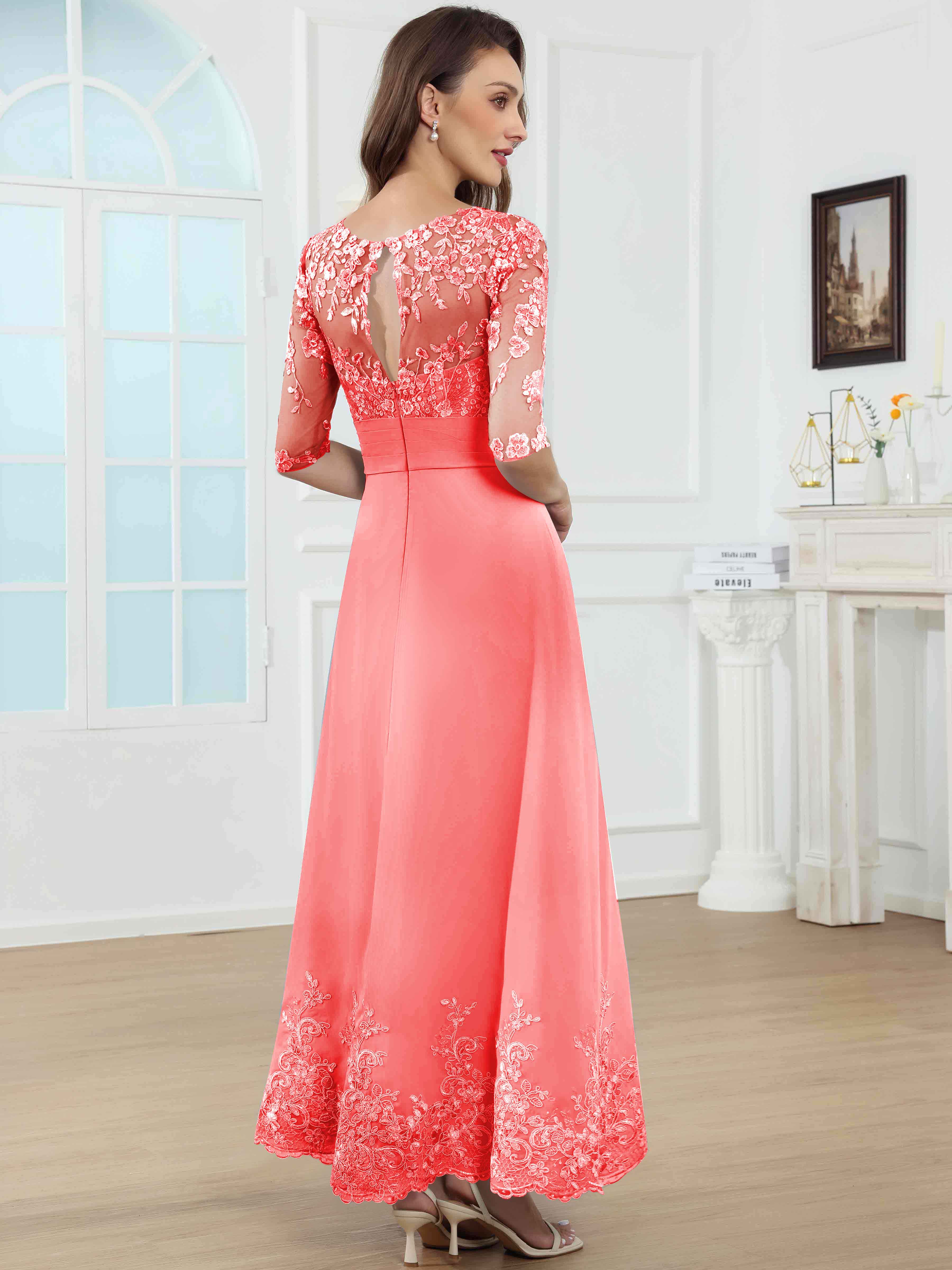 ROVDESY A-Line Lace Sequin Pleated Chiffon Mother Of The Bride Dress With Half Sleeves