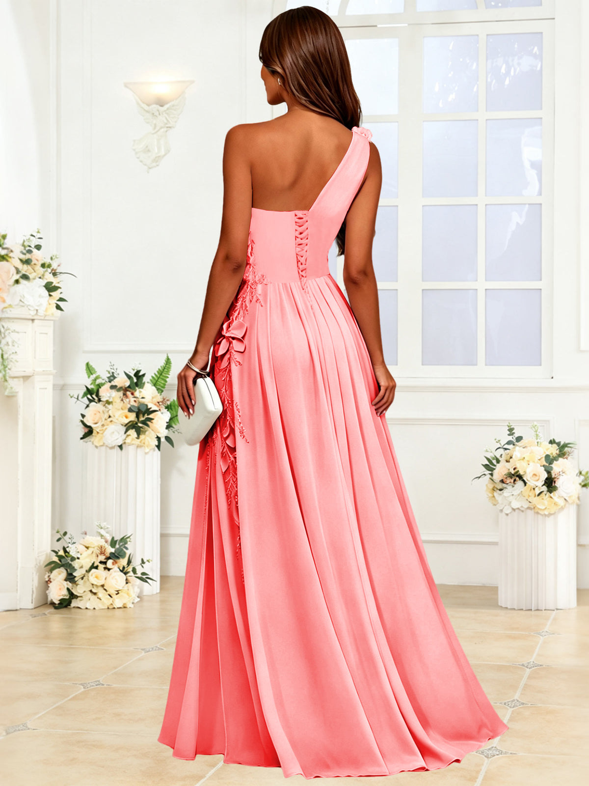 One Shoulder 3D Flower Chiffon Bridesmaid Dress with Slit