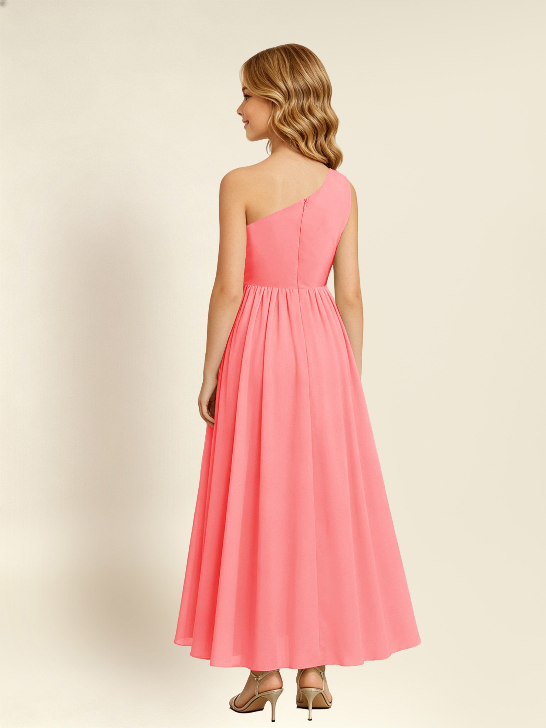 ROVDESY One Shoulder Twist Waist Chiffon Junior Bridesmaid Maxi Dress