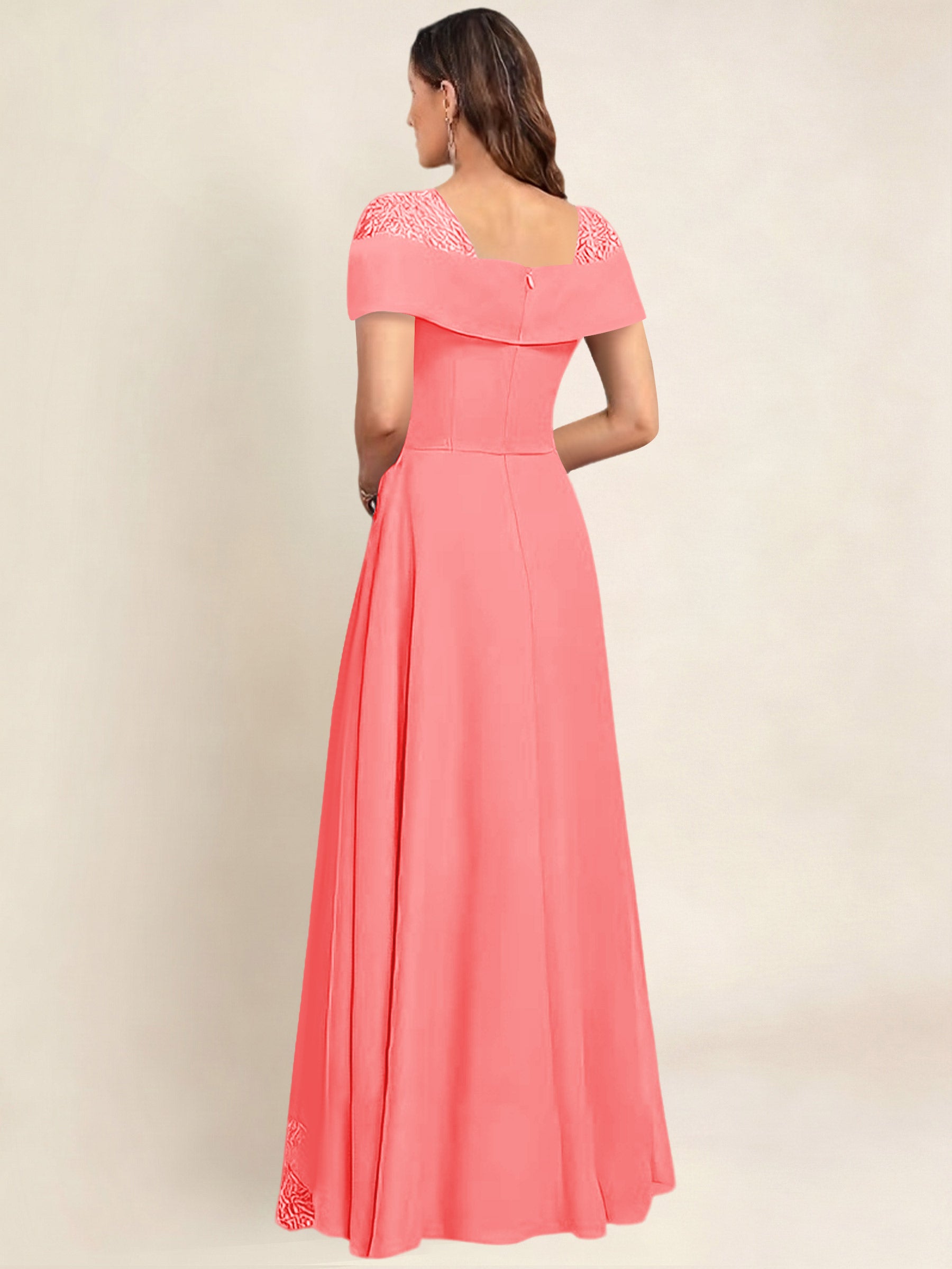ROVDESY A-Line Off The Shoulder Lace Chiffon Long Mother of the Bride Dress Formal Gown