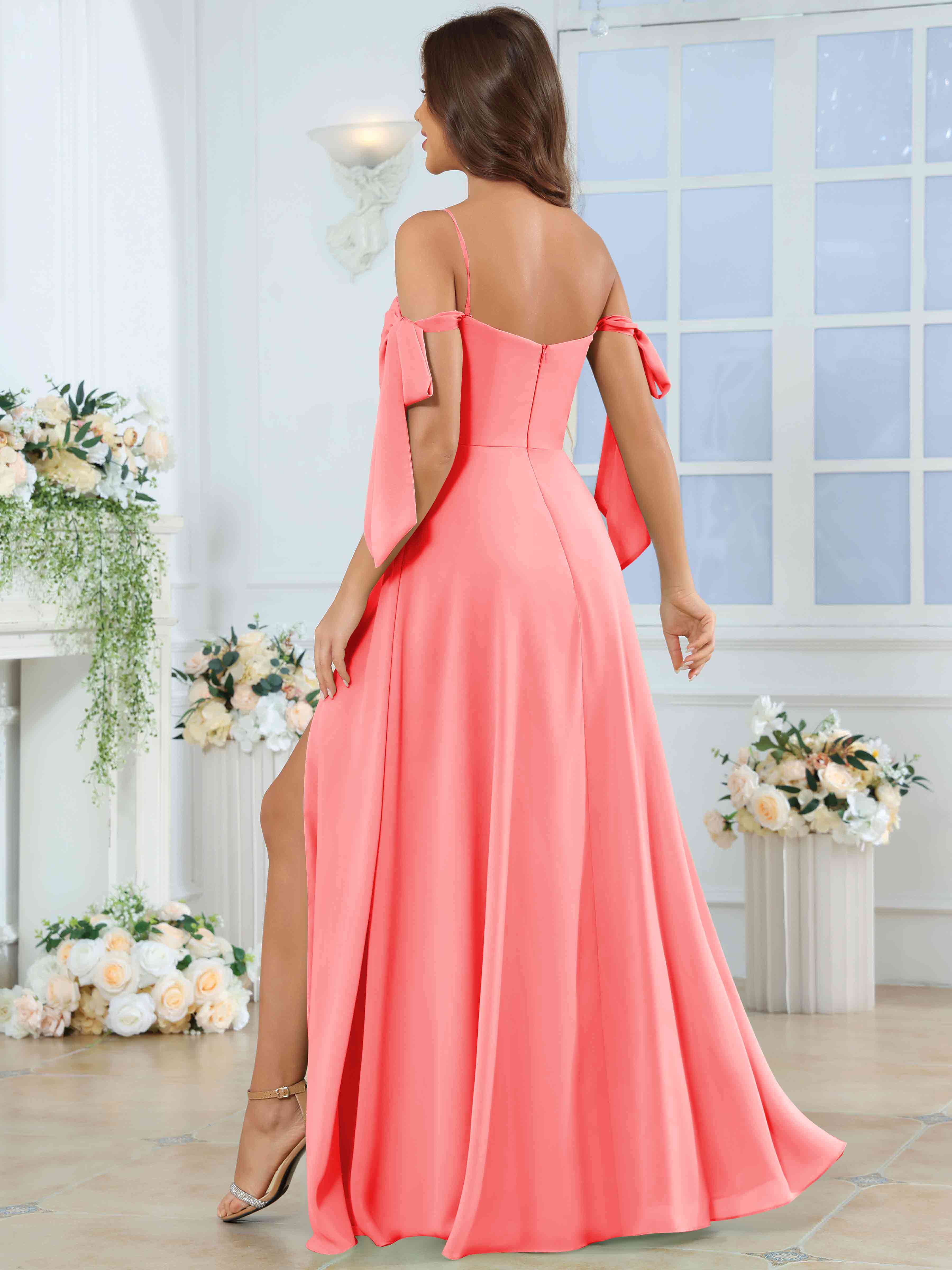 ROVDESY Spaghetti Strap Pleated Ruffle Slit Chiffon Bridesmaid Dress With Bow Sleeves