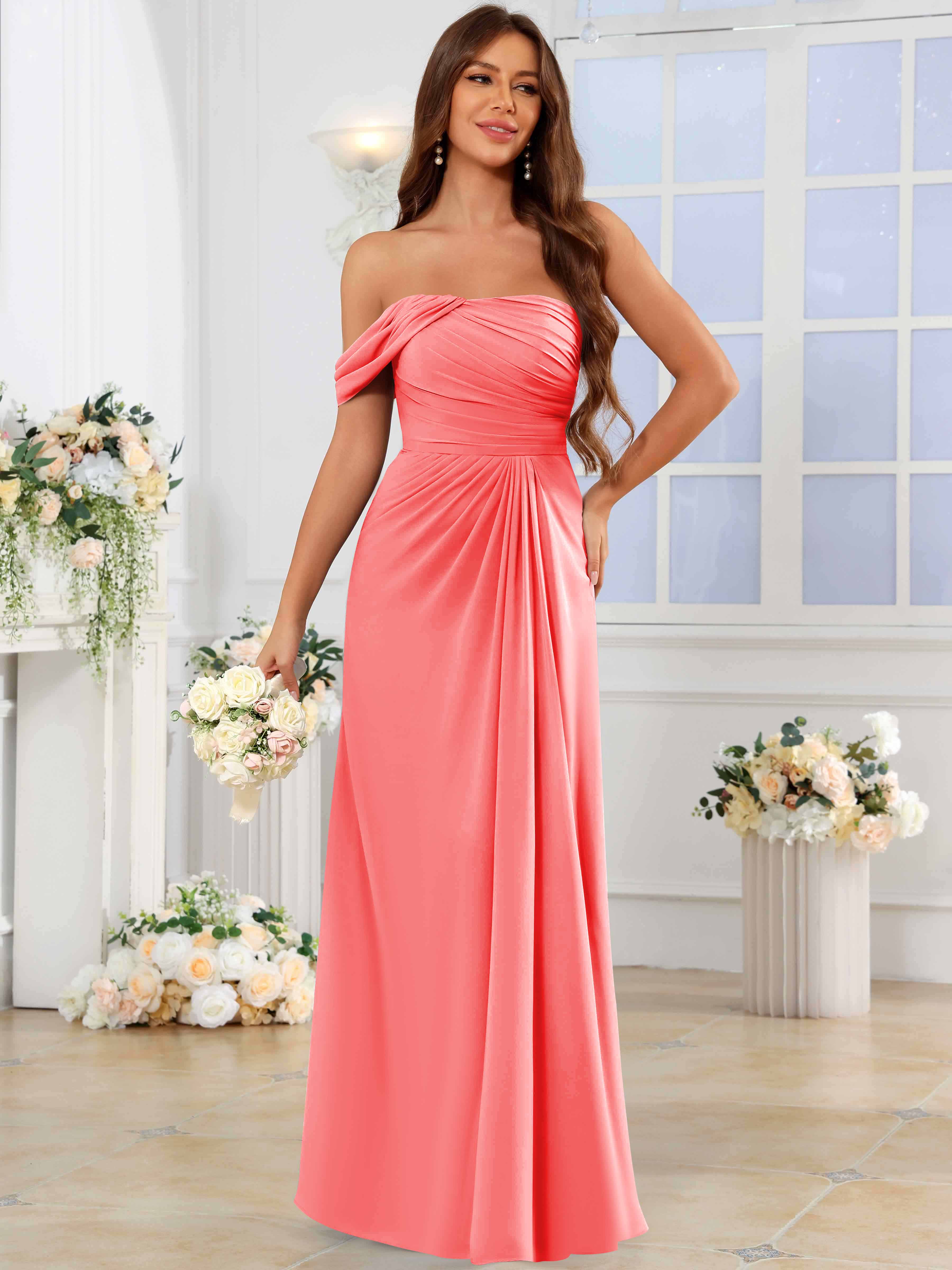 ROVDESY One Shoulder Off The Shoulder Pleated Chiffon Bridesmaid Dress