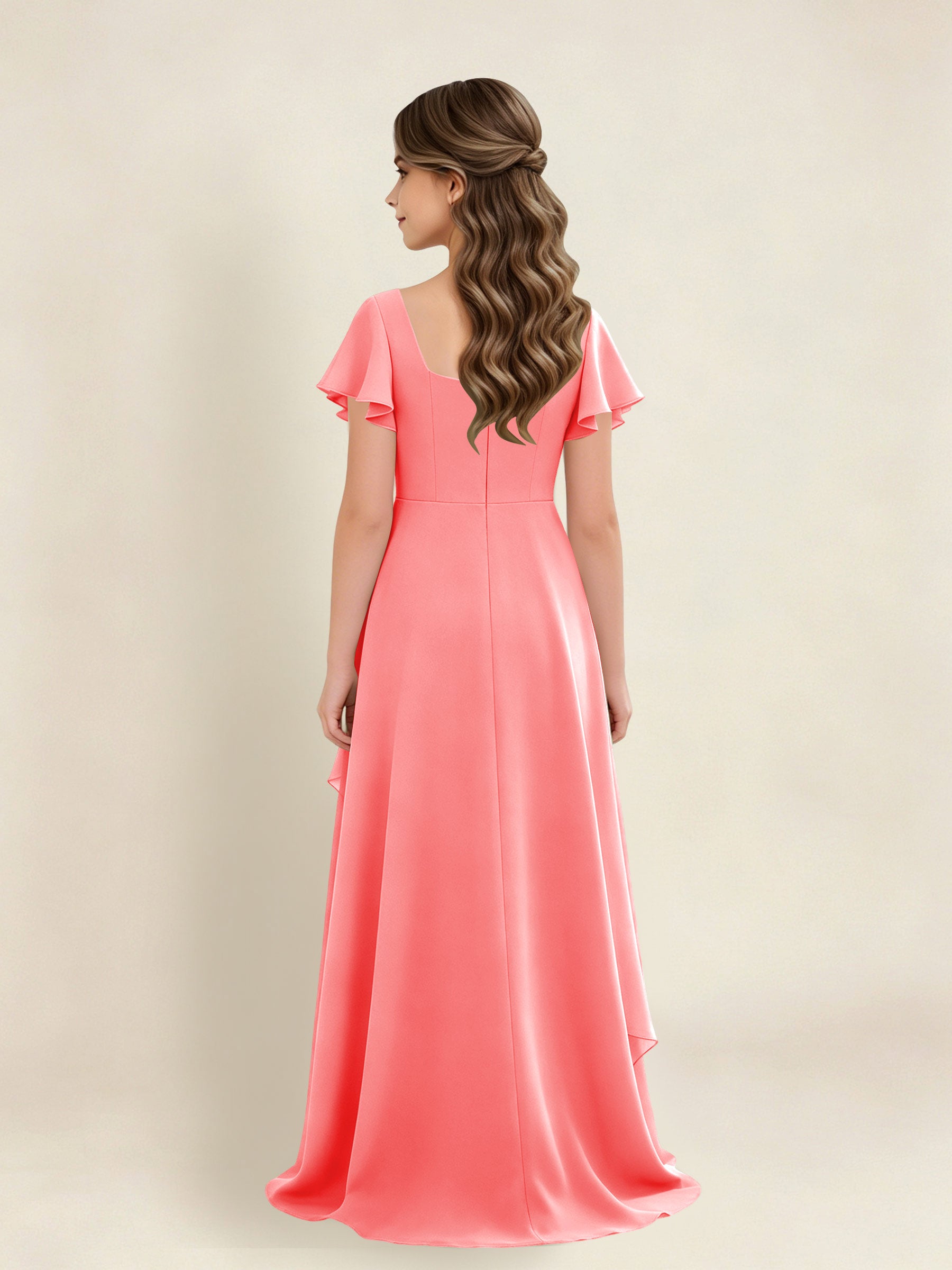 ROVDESY A-Line Square Neck Ruffle Chiffon Junior Bridesmaid Dress With Short Sleeves