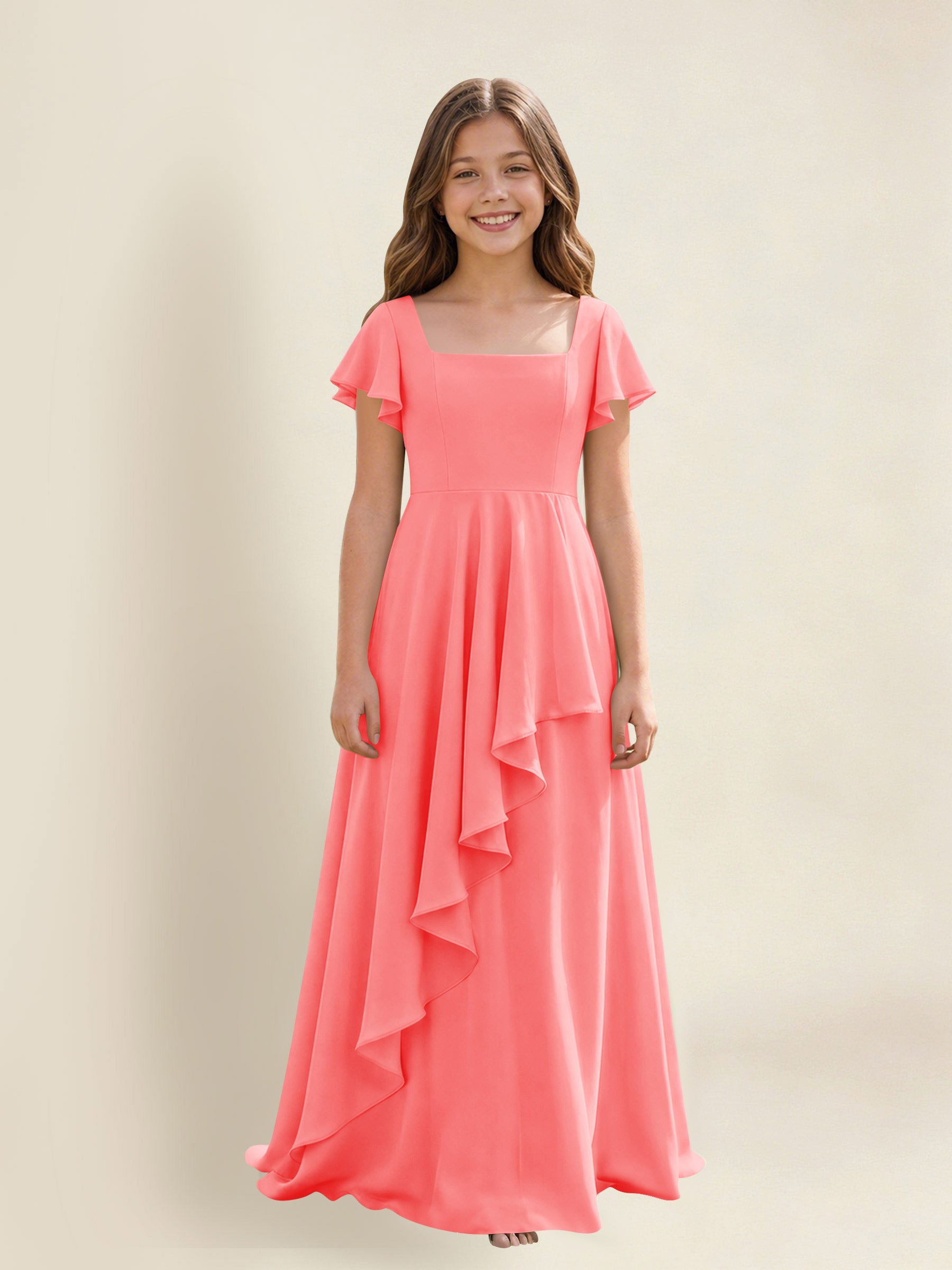 ROVDESY A-Line Square Neck Ruffle Chiffon Junior Bridesmaid Dress With Short Sleeves