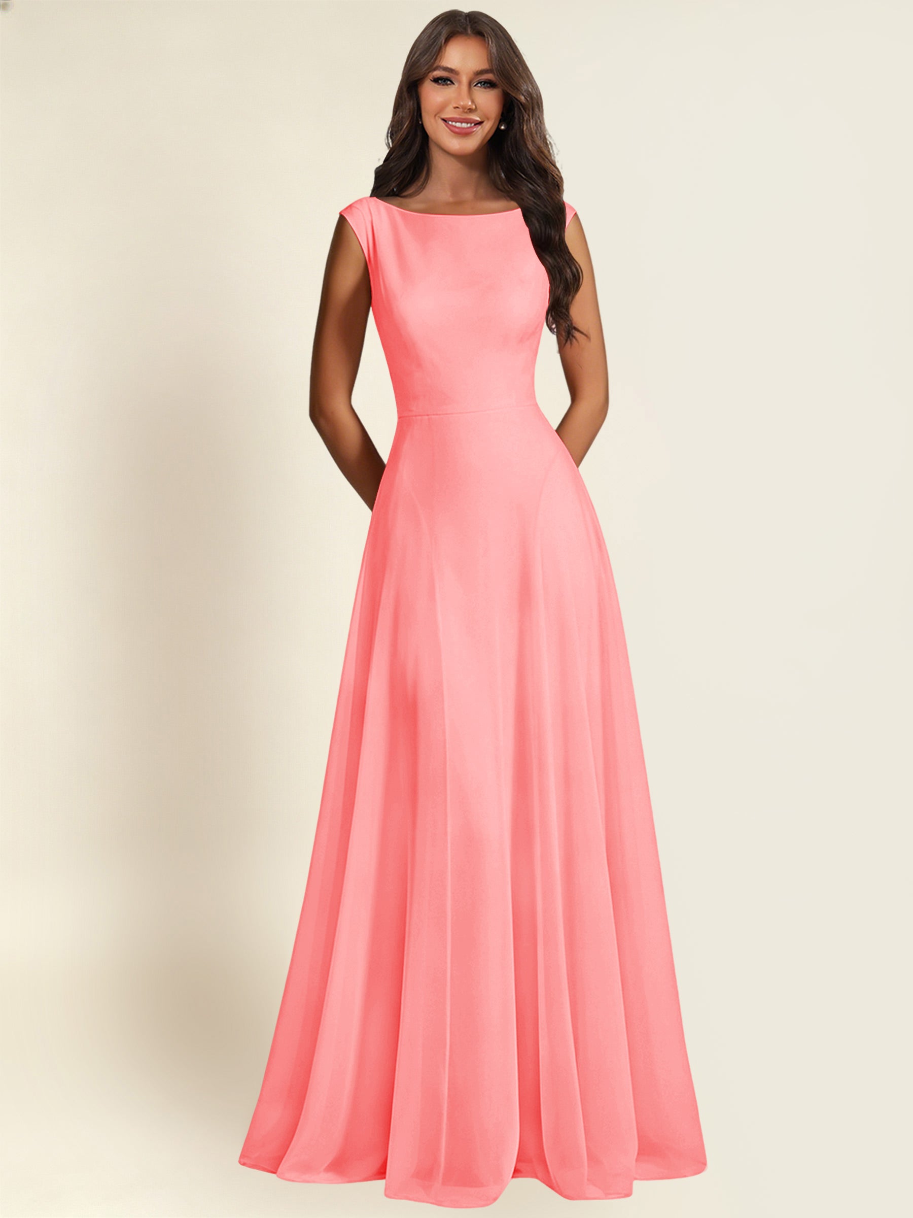 ROVDESY A-Line Chiffon Long Bridesmaid Dress With Sleeveless