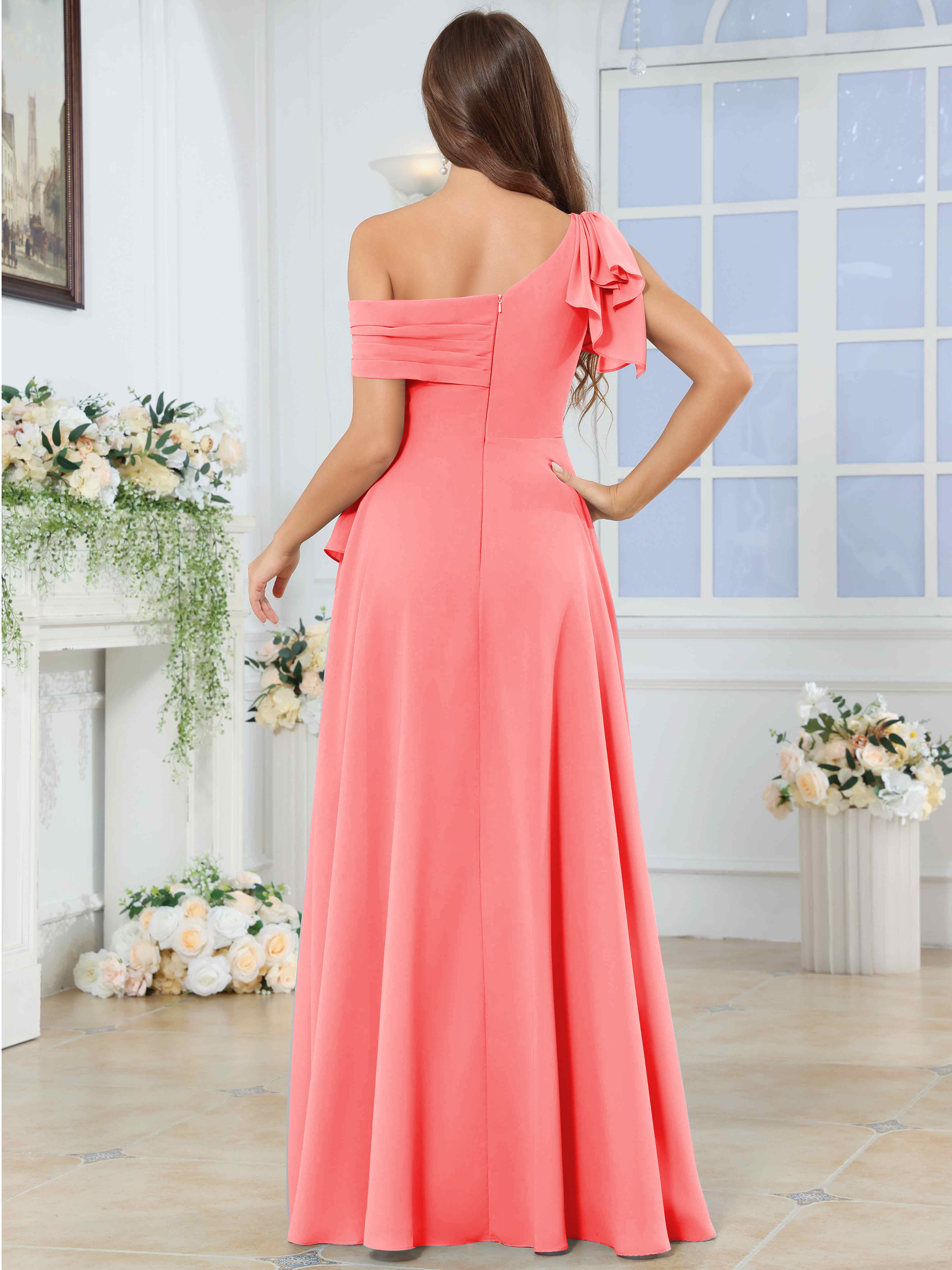 ROVDESY One Shoulder Pleated Ruffle Chiffon Bridesmaid Dress With Slit