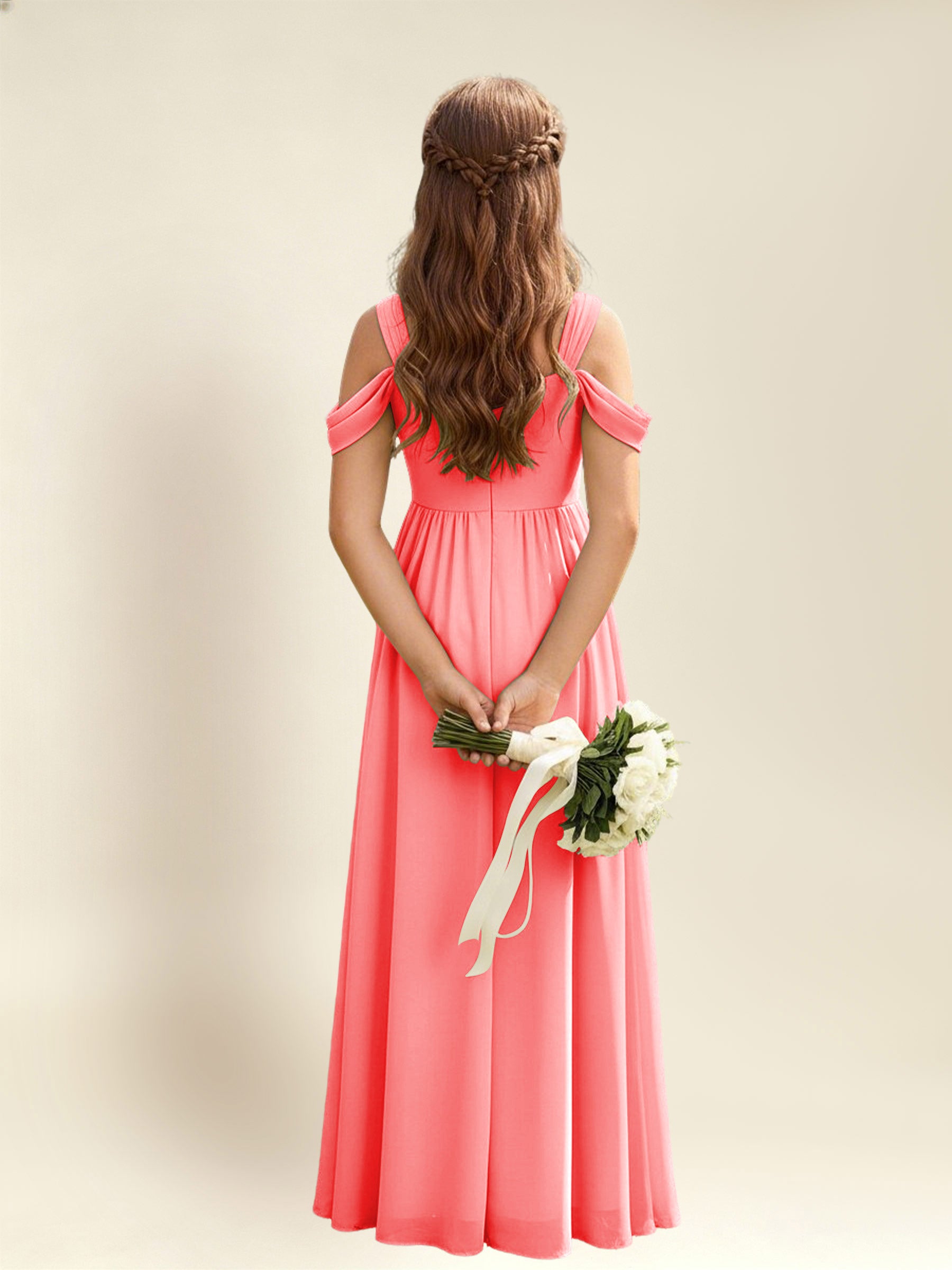 ROVDESY A-Line Off The Shoulder Pleated Chiffon Junior Bridesmaid Dress