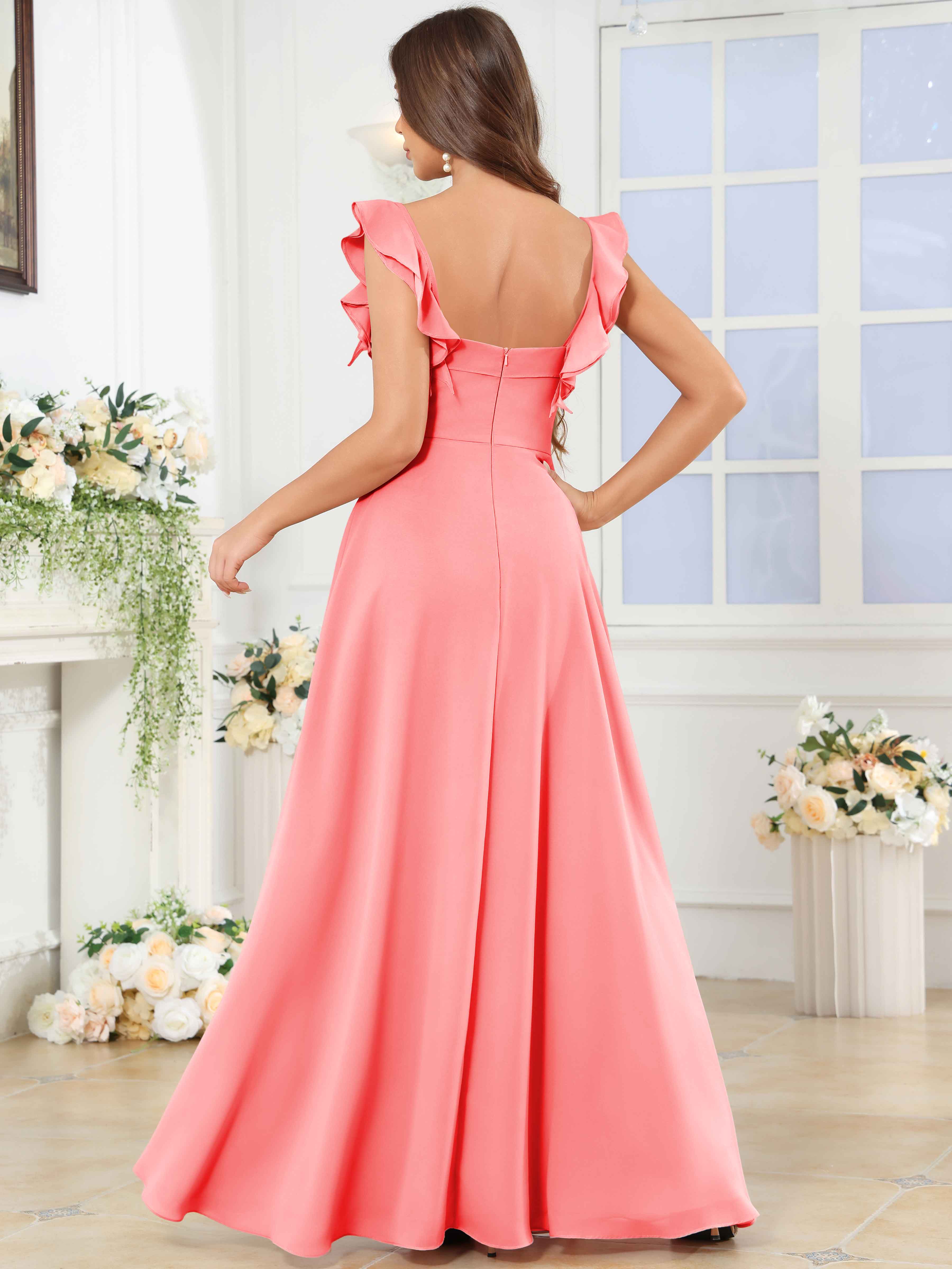 ROVDESY Square Neck Ruffle Chffion Bridesmaid Dress With Slit