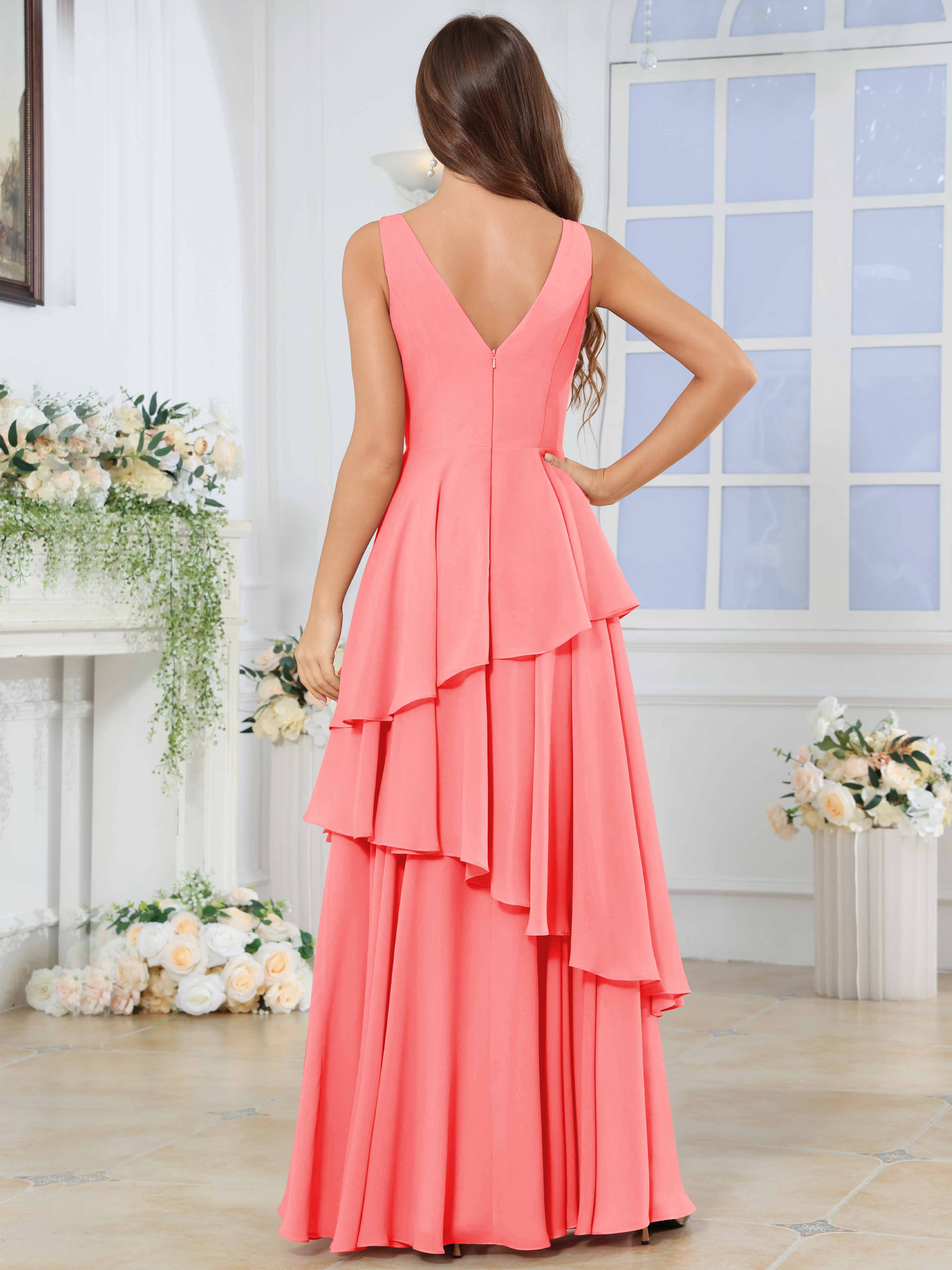 ROVDESY Long Sleeveless V-Neck Tiered Pleated Chiffon Bridesmaid Dress