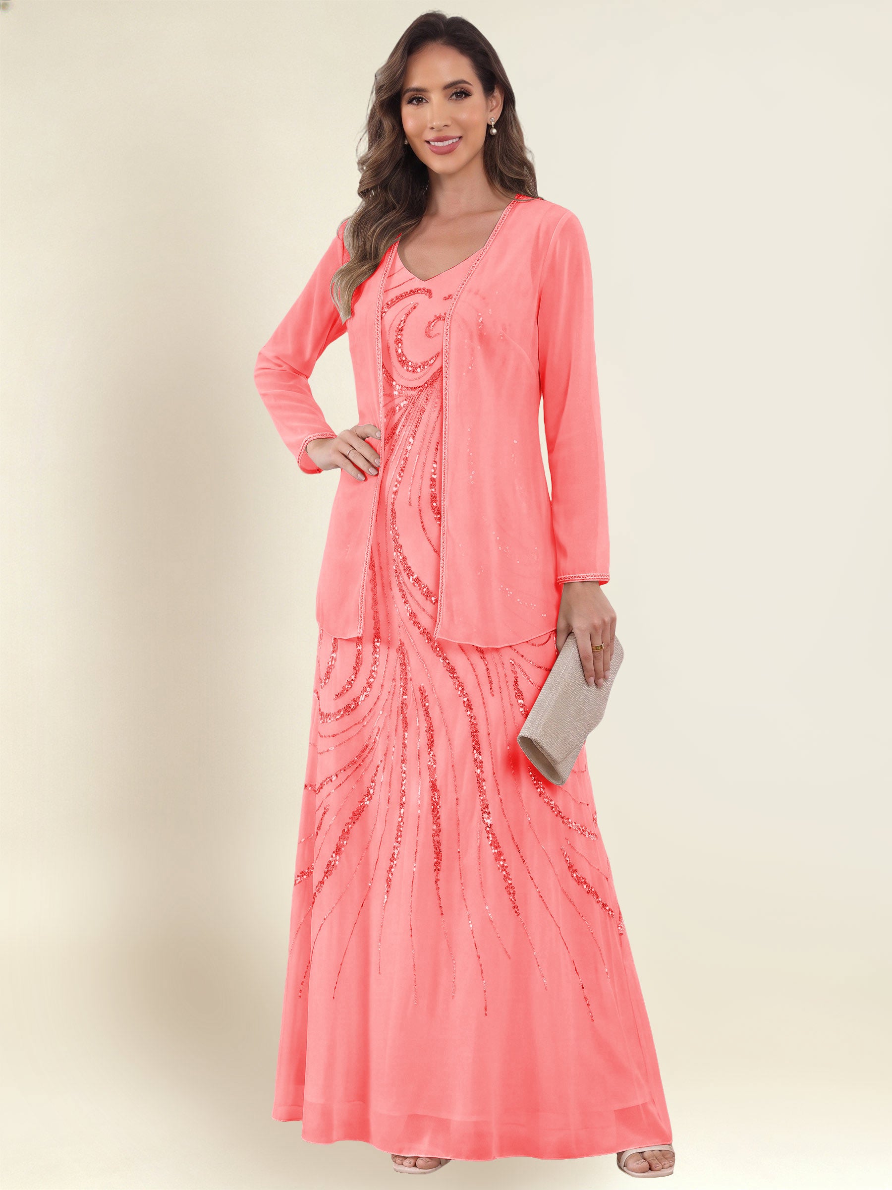 ROVDESY 2 Pieces V-Neck Sequin Chiffon Long Mother Of The Bride Dress With Long Sleeve Jacket