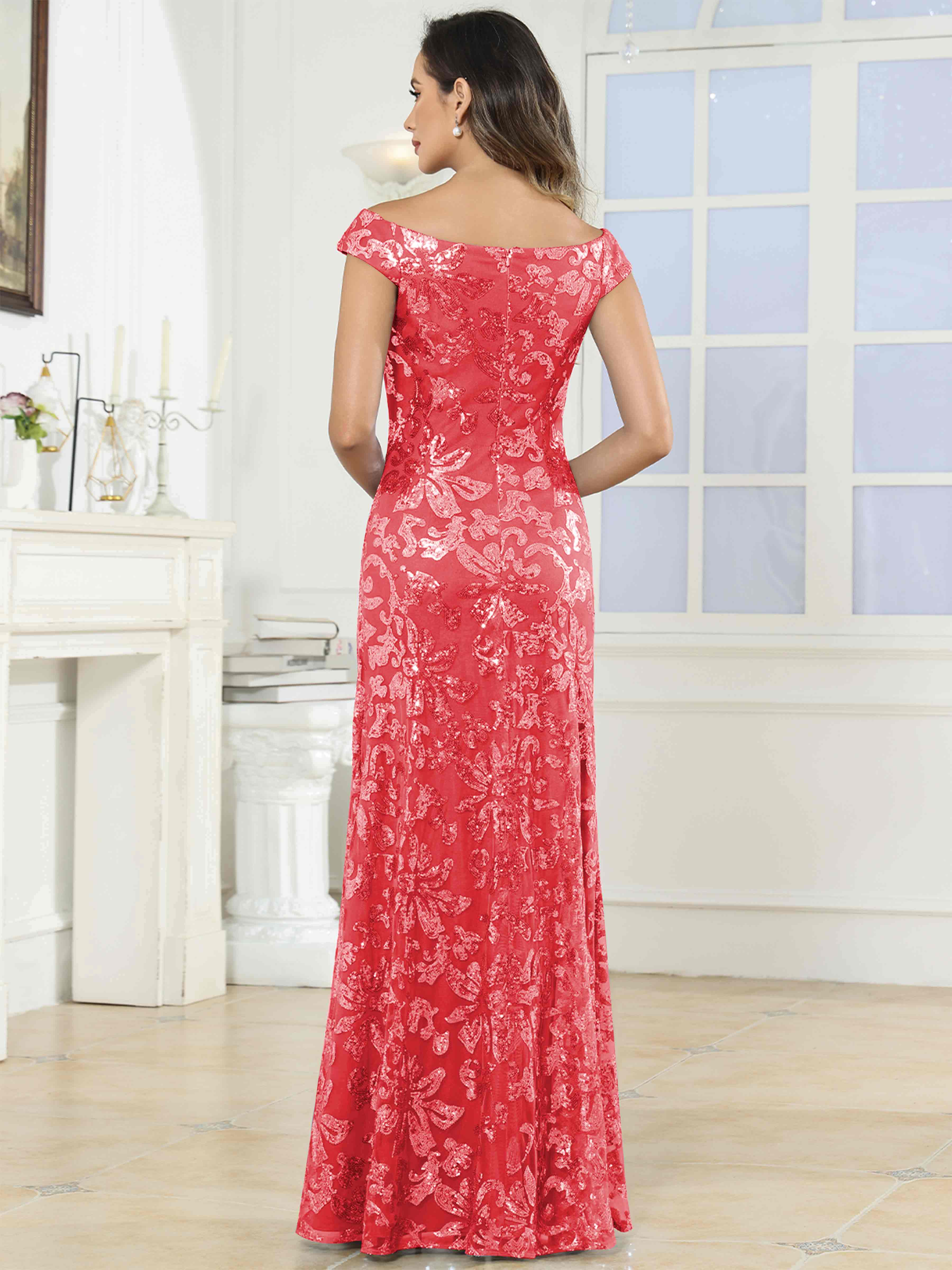 ROVDESY Off-The-Shoulder Mermaid Sequin Mother Of The Bride Dress Formal Gown