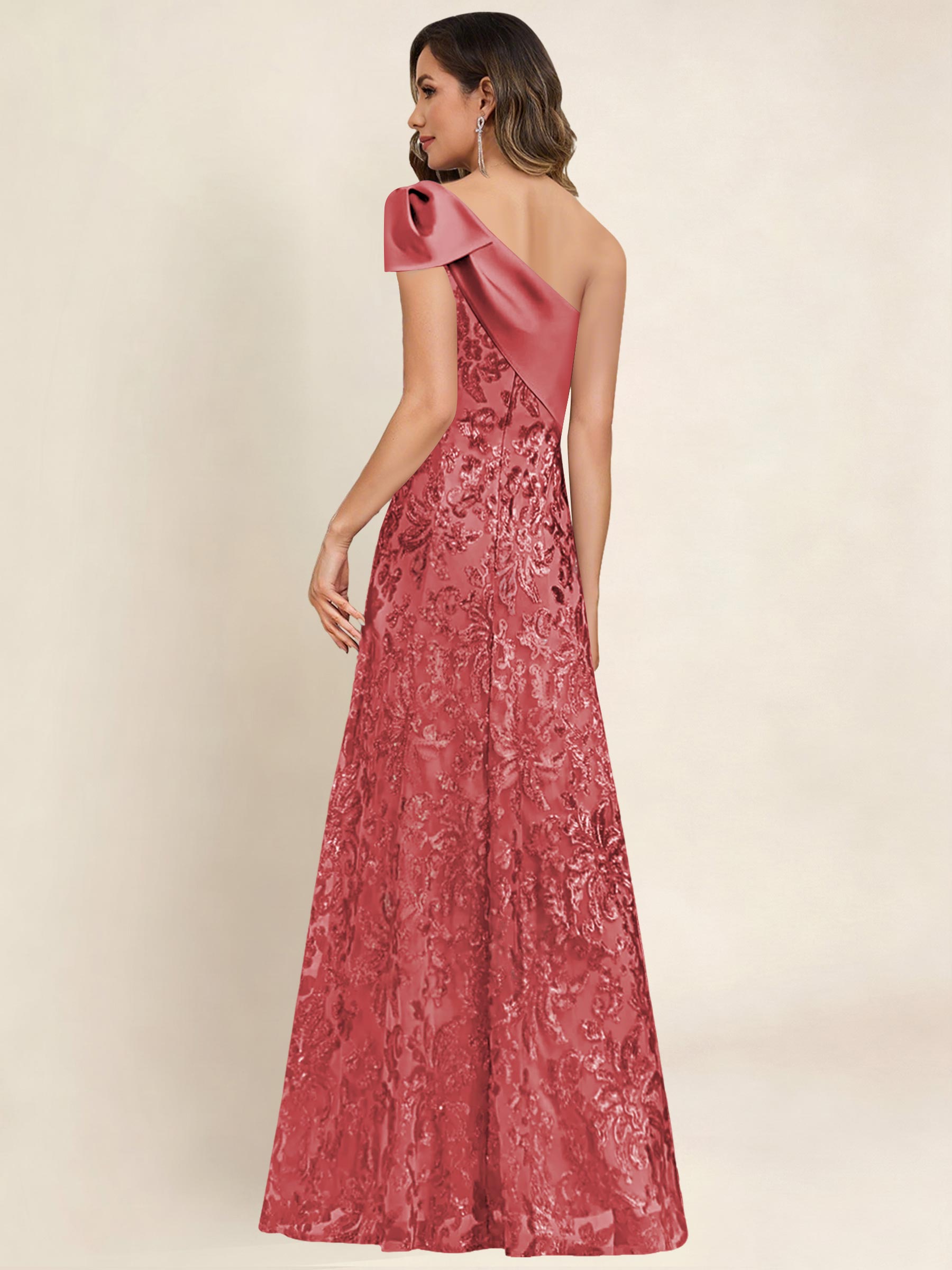 ROVDESY One Shoulder Sequin Mermaid Long Mother Of The Bride Dress Formal Gown With Bow