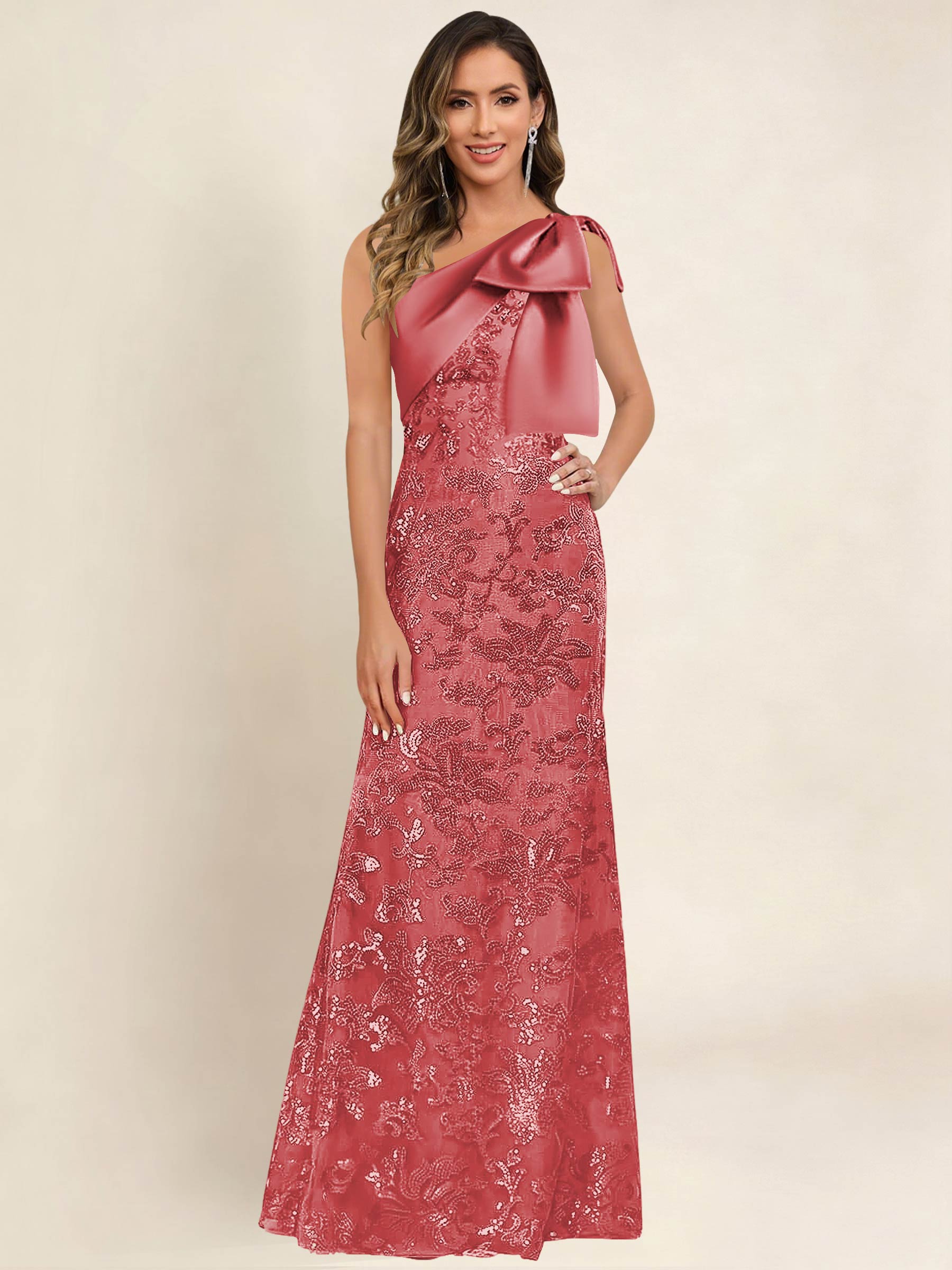 ROVDESY One Shoulder Sequin Mermaid Long Mother Of The Bride Dress Formal Gown With Bow