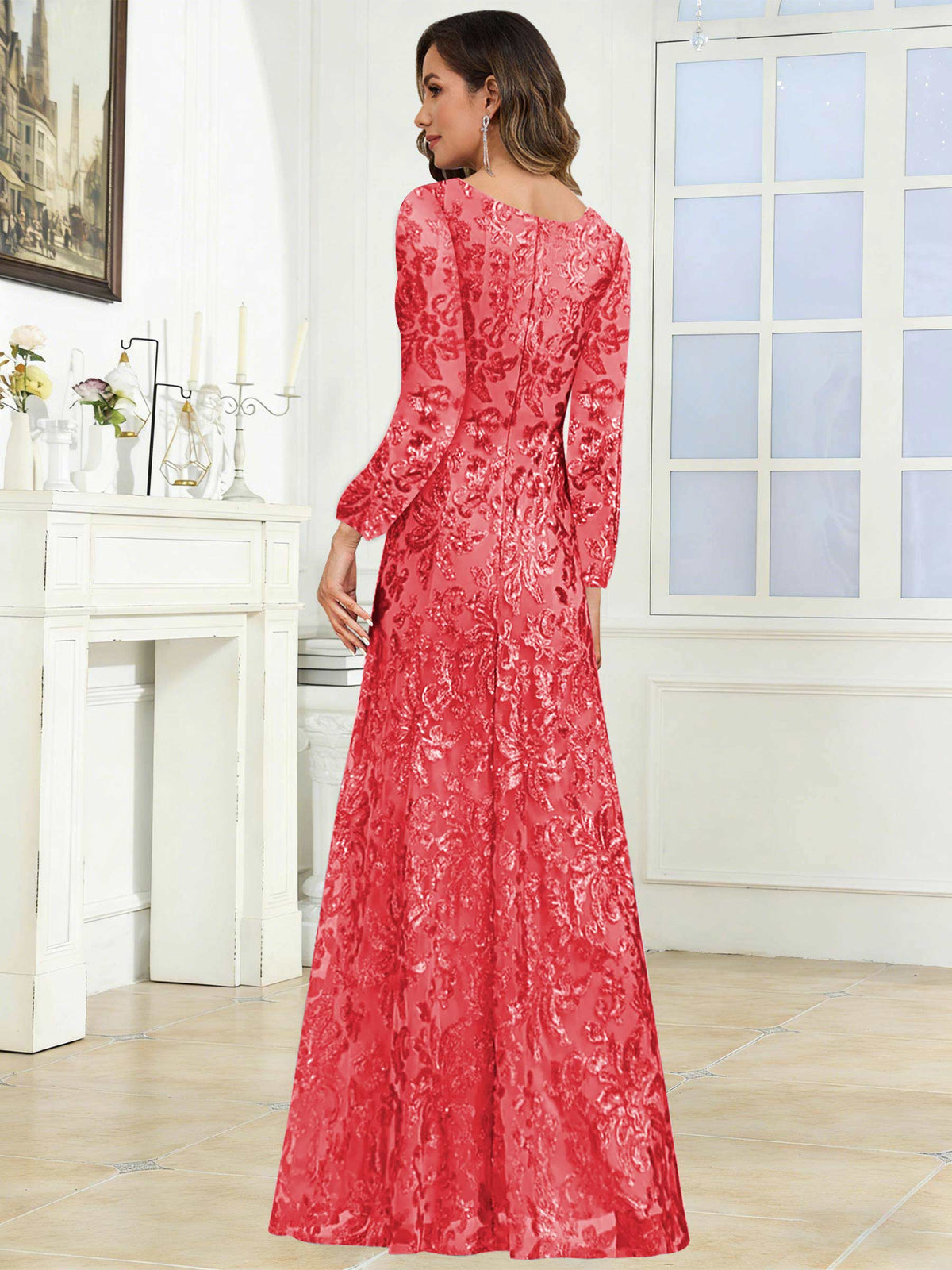 Crew Neck Sequin Lace Long Sleeve Mother of the Bride Dress