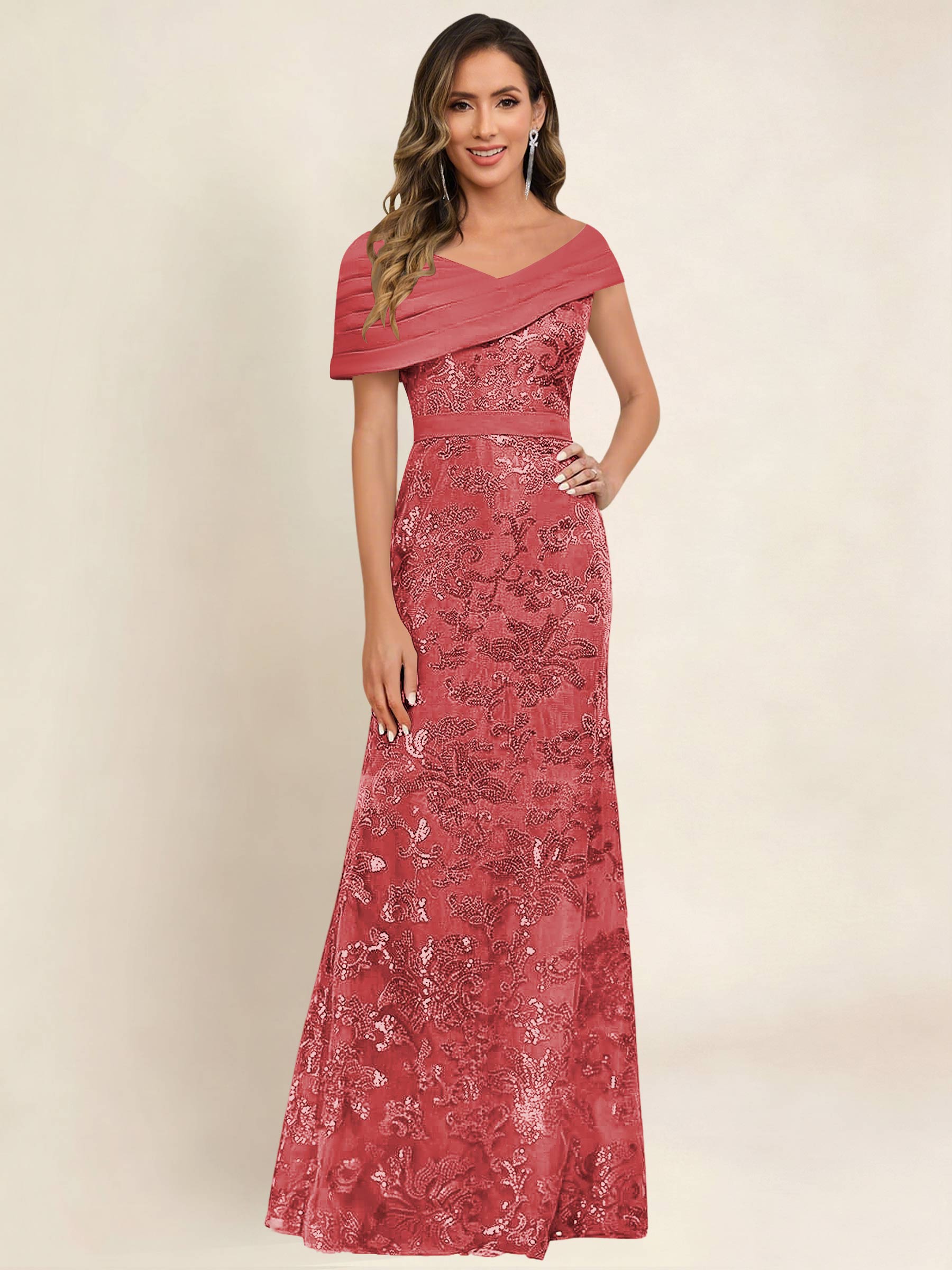 ROVDESY Off the Shoulder Sequin Mermaid Long Mother Of The Bride Dress Formal Gown