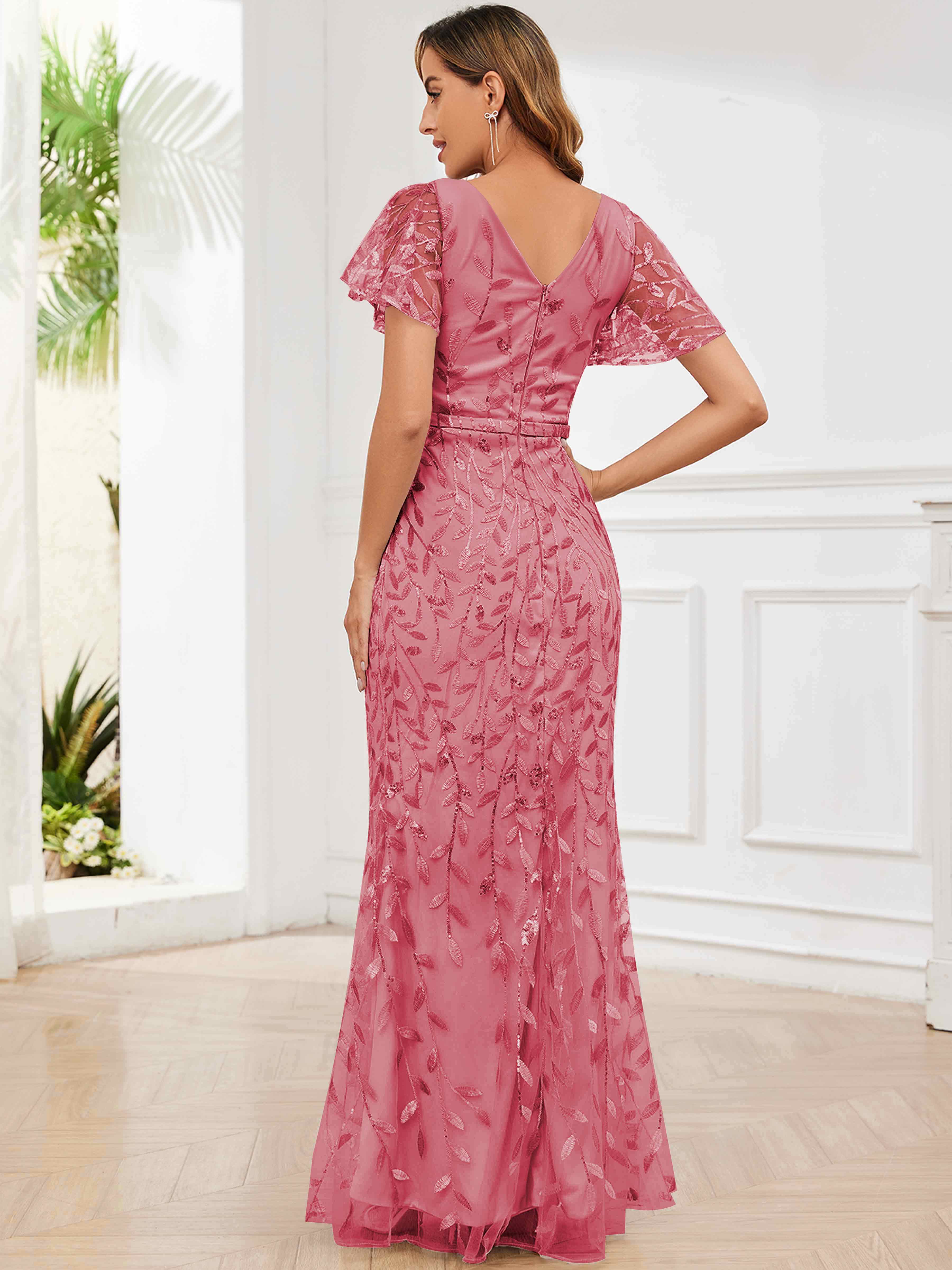 ROVDESY V-Neck Mermaid Sequin Mother Of The Bride Dress With Short Sleeves