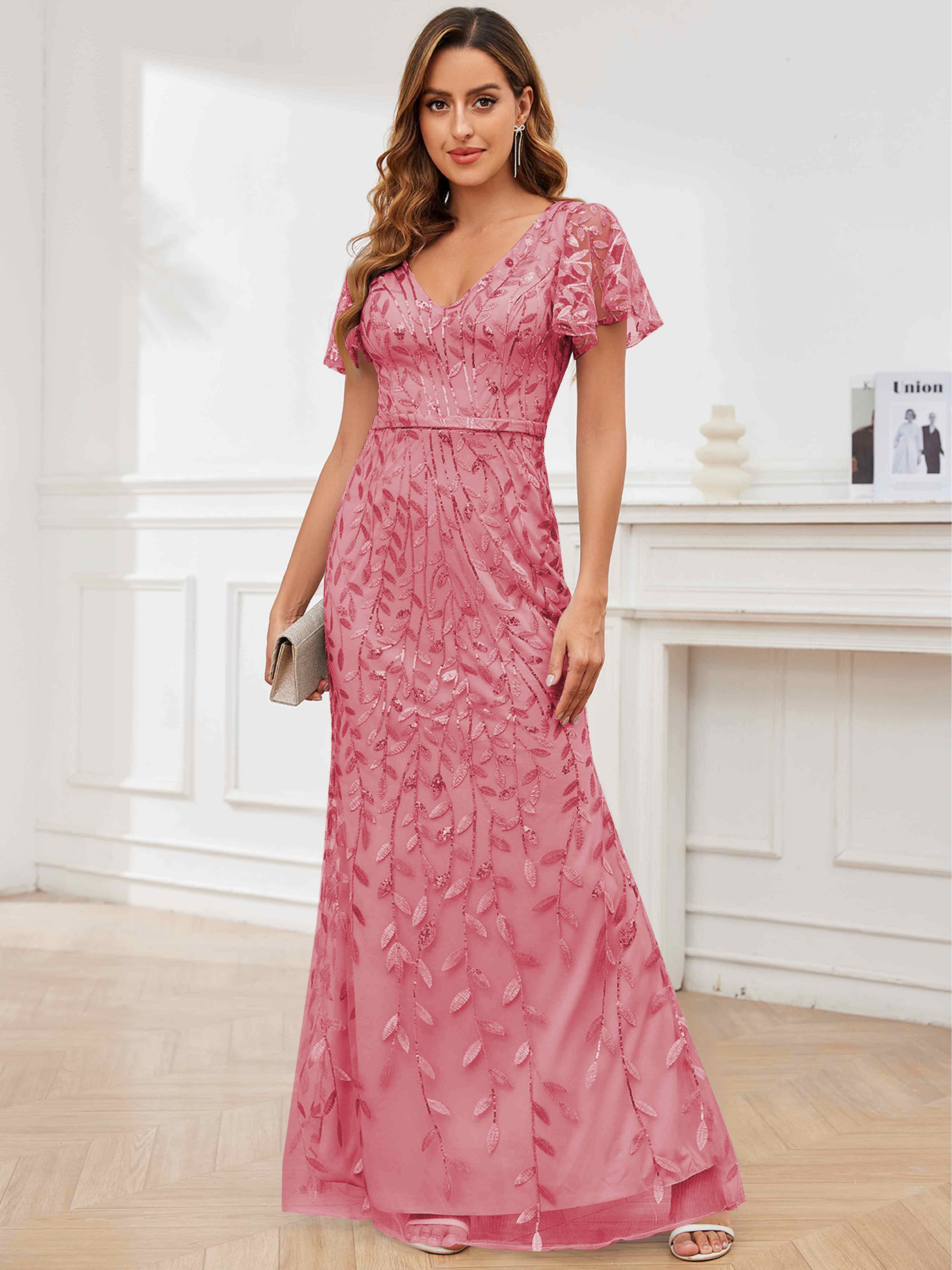 ROVDESY V-Neck Mermaid Sequin Mother Of The Bride Dress With Short Sleeves